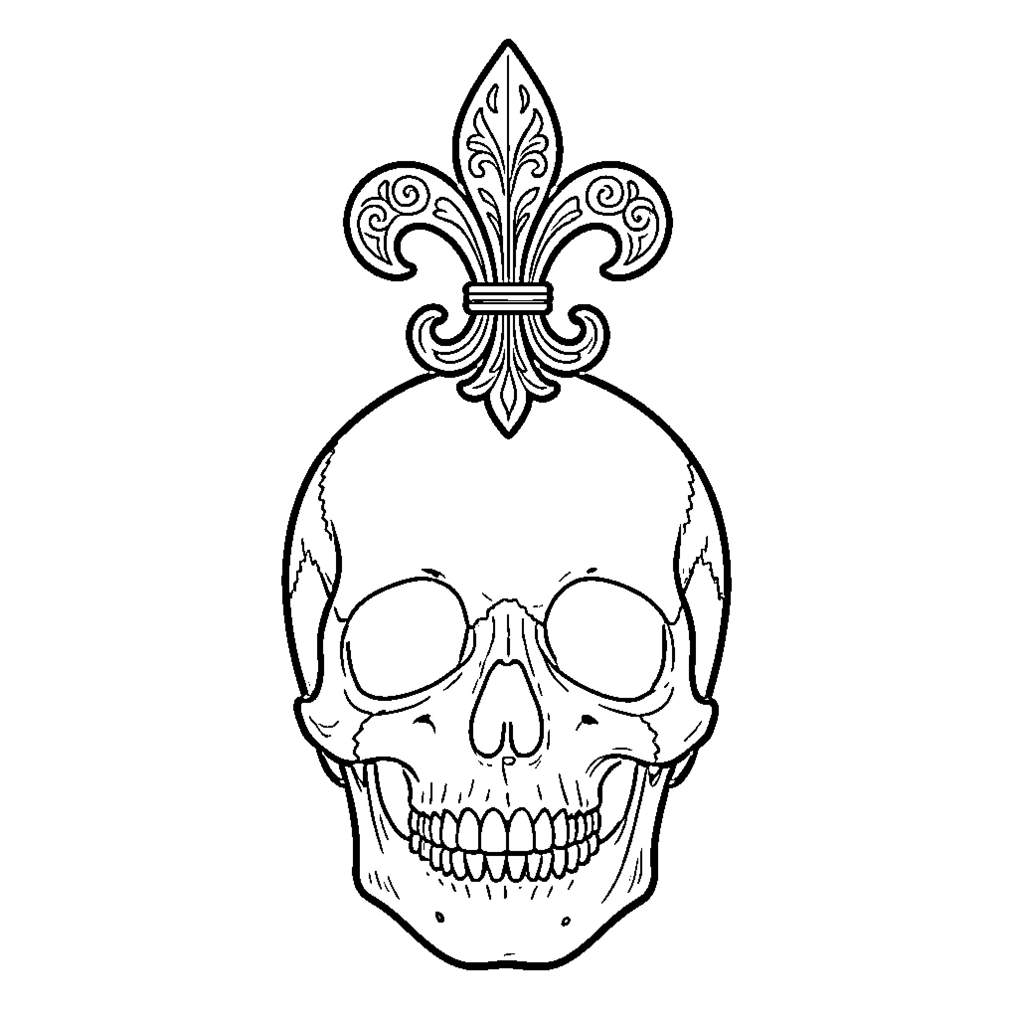 Skull with Fleur-de-lis Ornament Coloring Page (free black-and-white line drawing printable PDF for all, from beginners to advanced learners, including children, teens, adults, and seniors)