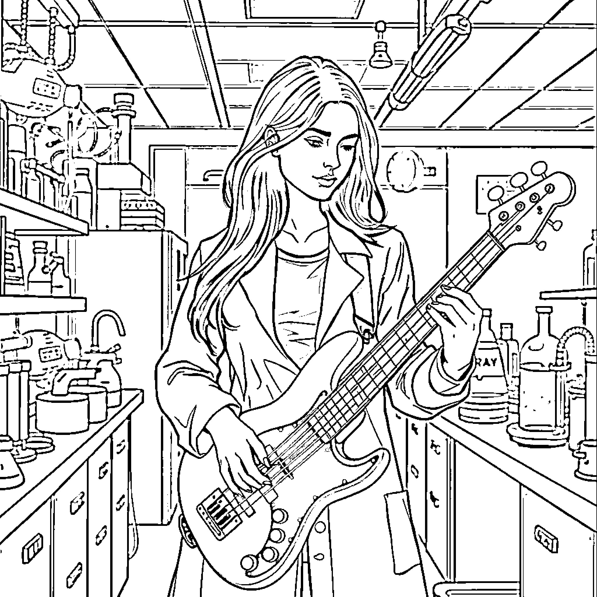 Woman playing electric guitar in a workshop Coloring Page (free black-and-white line drawing printable PDF for all, from beginners to advanced learners, including children, teens, adults, and seniors)