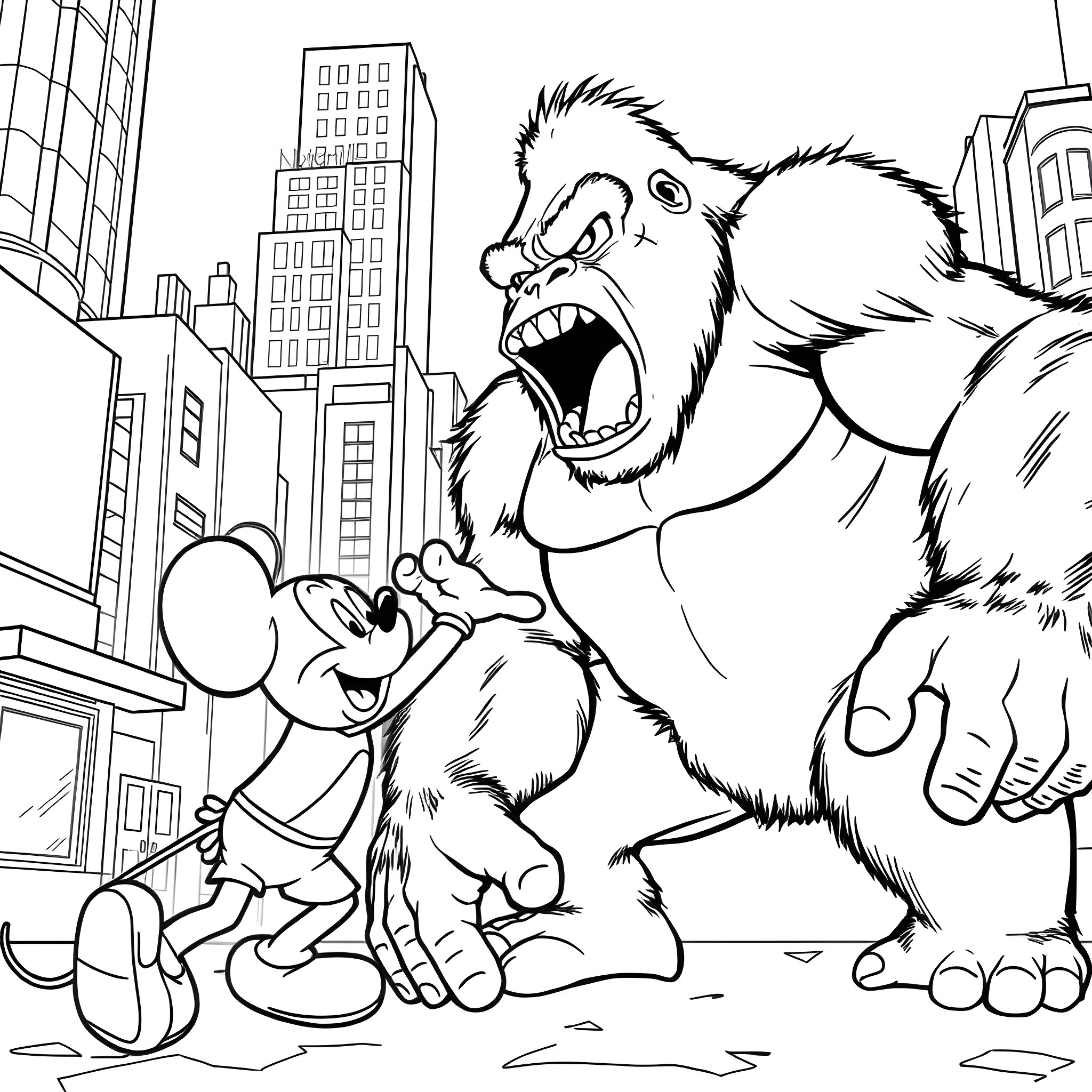 King Kong and Mickey Mouse in a city showdown Coloring Page (free black-and-white line drawing printable PDF for all, from beginners to advanced learners, including children, teens, adults, and seniors)