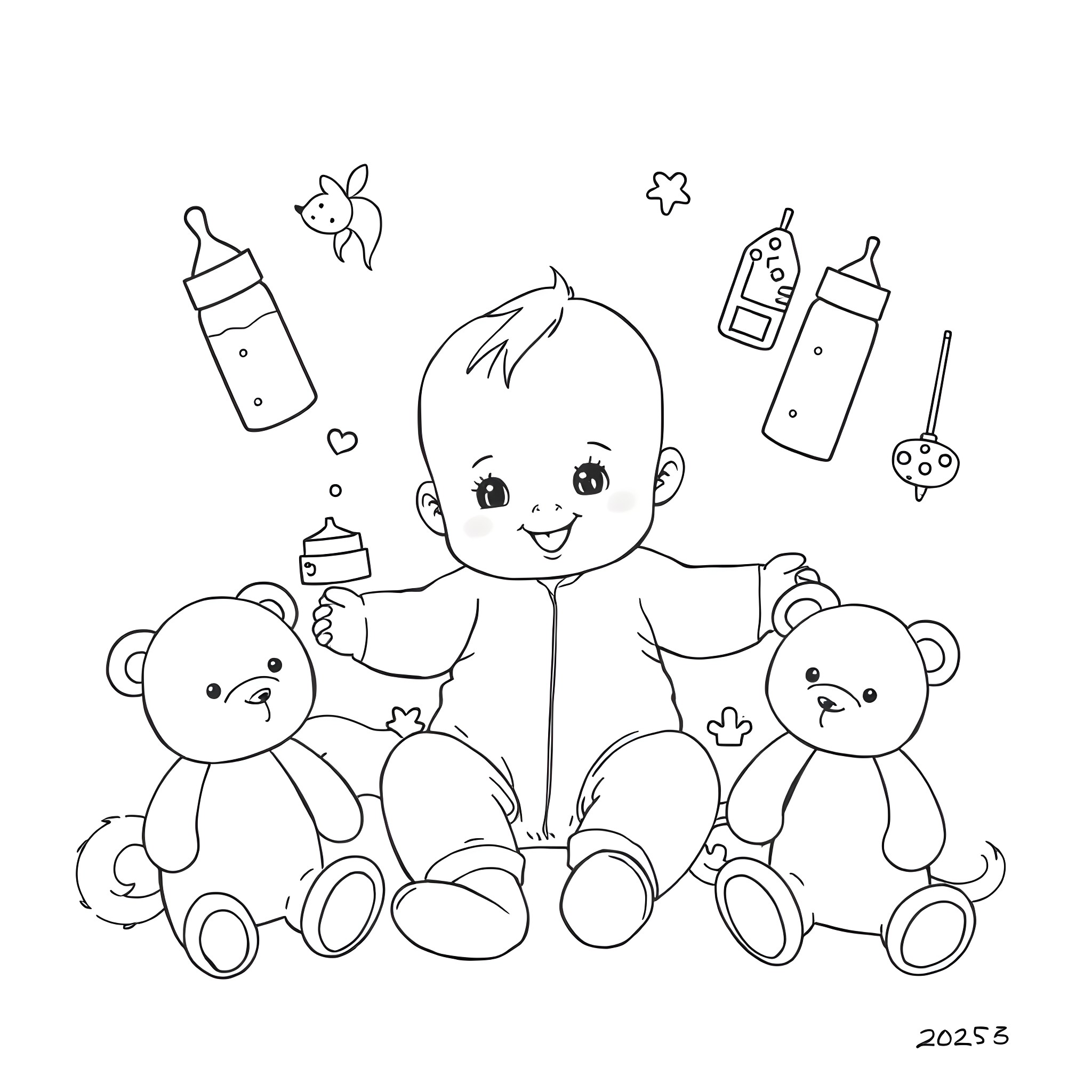 Baby playing with cute plush toys Coloring Page (free black-and-white line drawing printable PDF for all, from beginners to advanced learners, including children, teens, adults, and seniors)