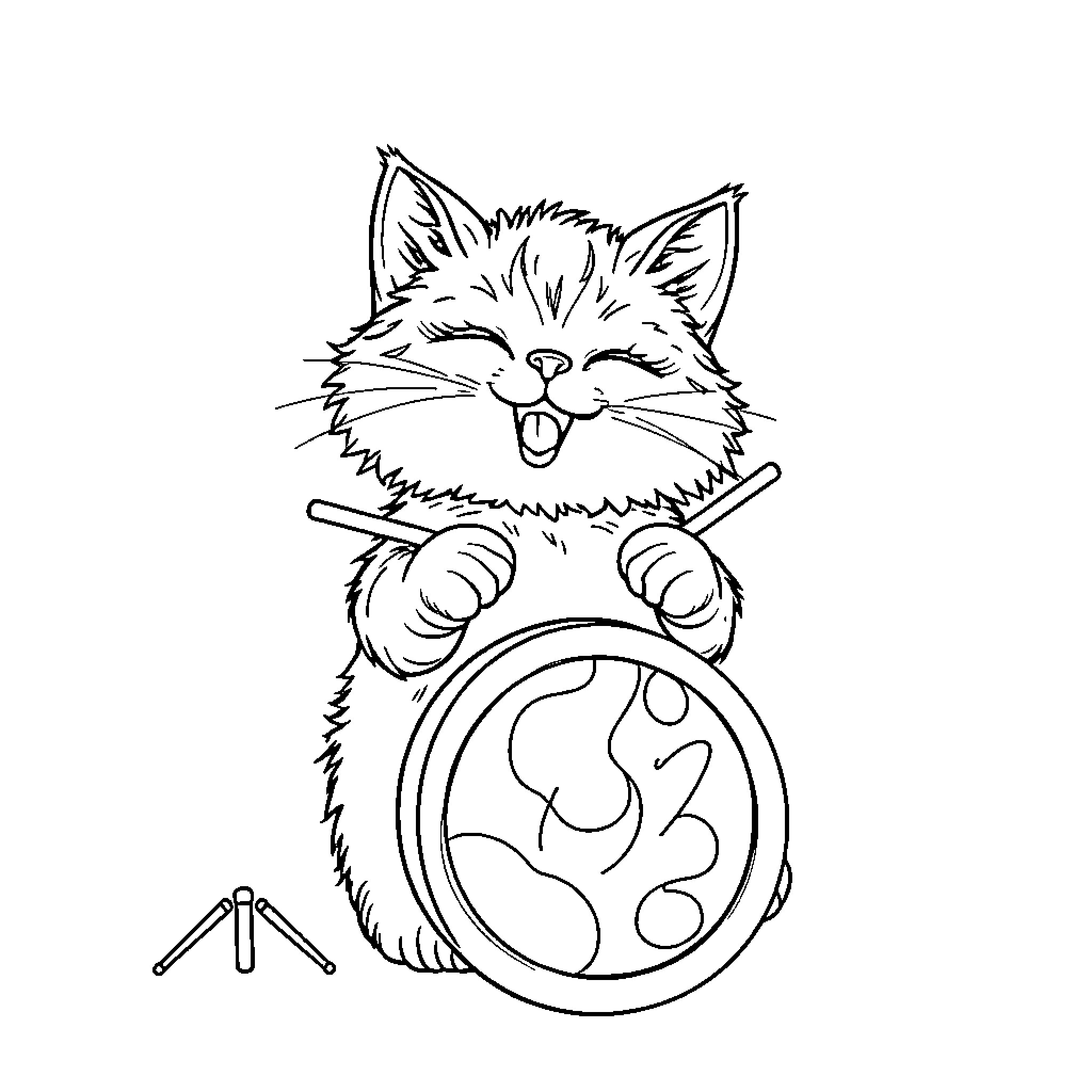 Cat playing with drum Coloring Page (free black-and-white line drawing printable PDF for all, from beginners to advanced learners, including children, teens, adults, and seniors)