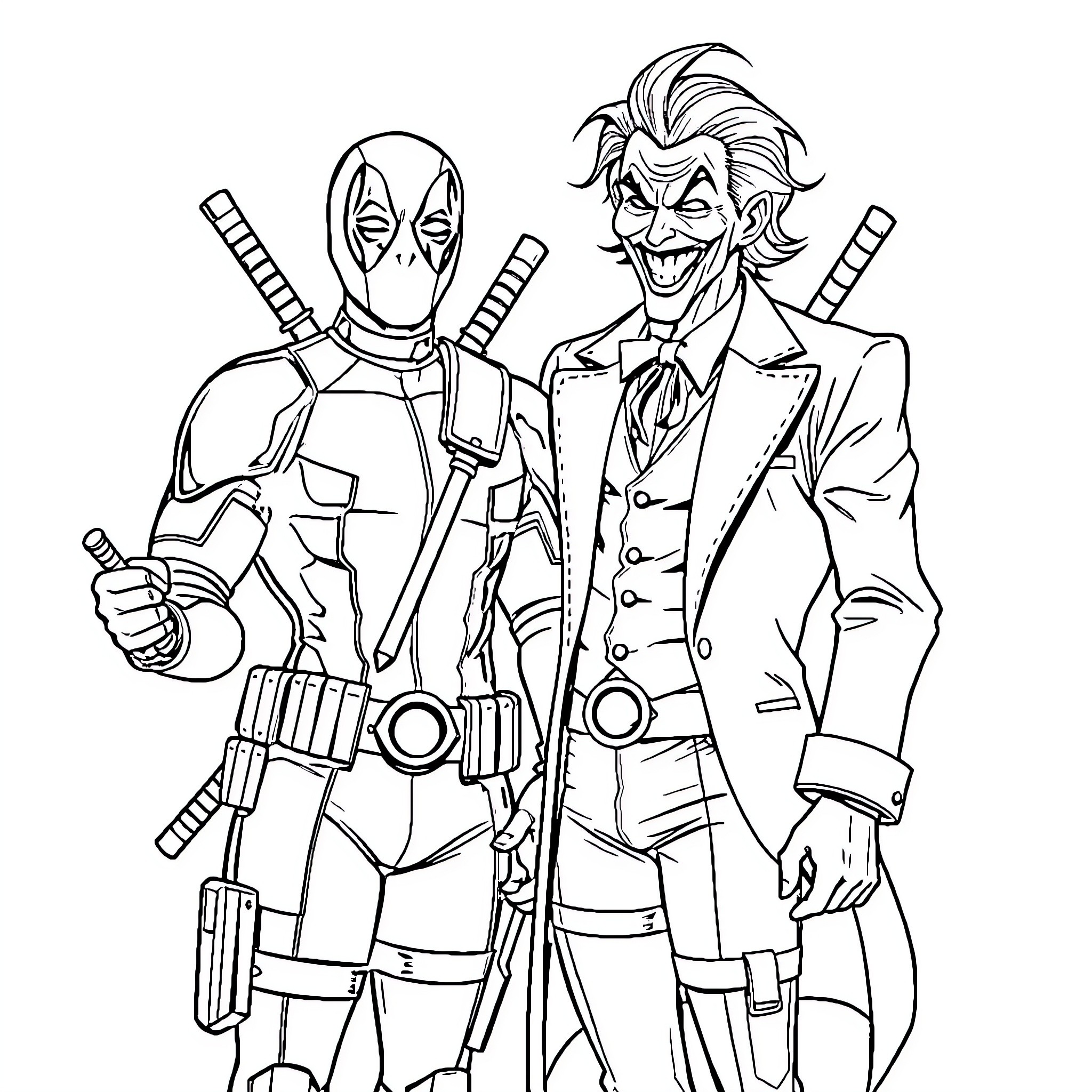 Deadpool and Joker in Heroic Duo Coloring Page (free black-and-white line drawing printable PDF for all, from beginners to advanced learners, including children, teens, adults, and seniors)