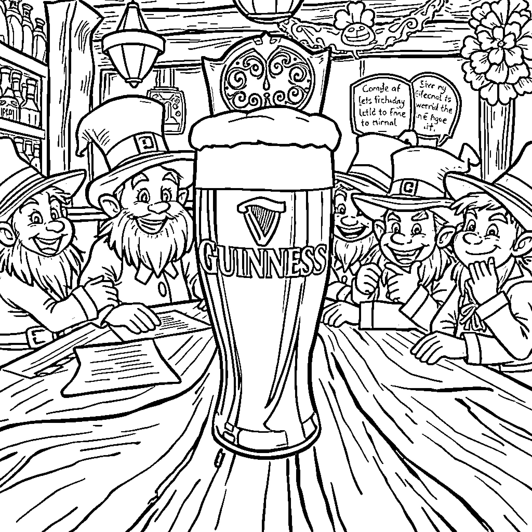Guinness Pub Celebration with Jovial Characters Coloring Page (free black-and-white line drawing printable PDF for all, from beginners to advanced learners, including children, teens, adults, and seniors)