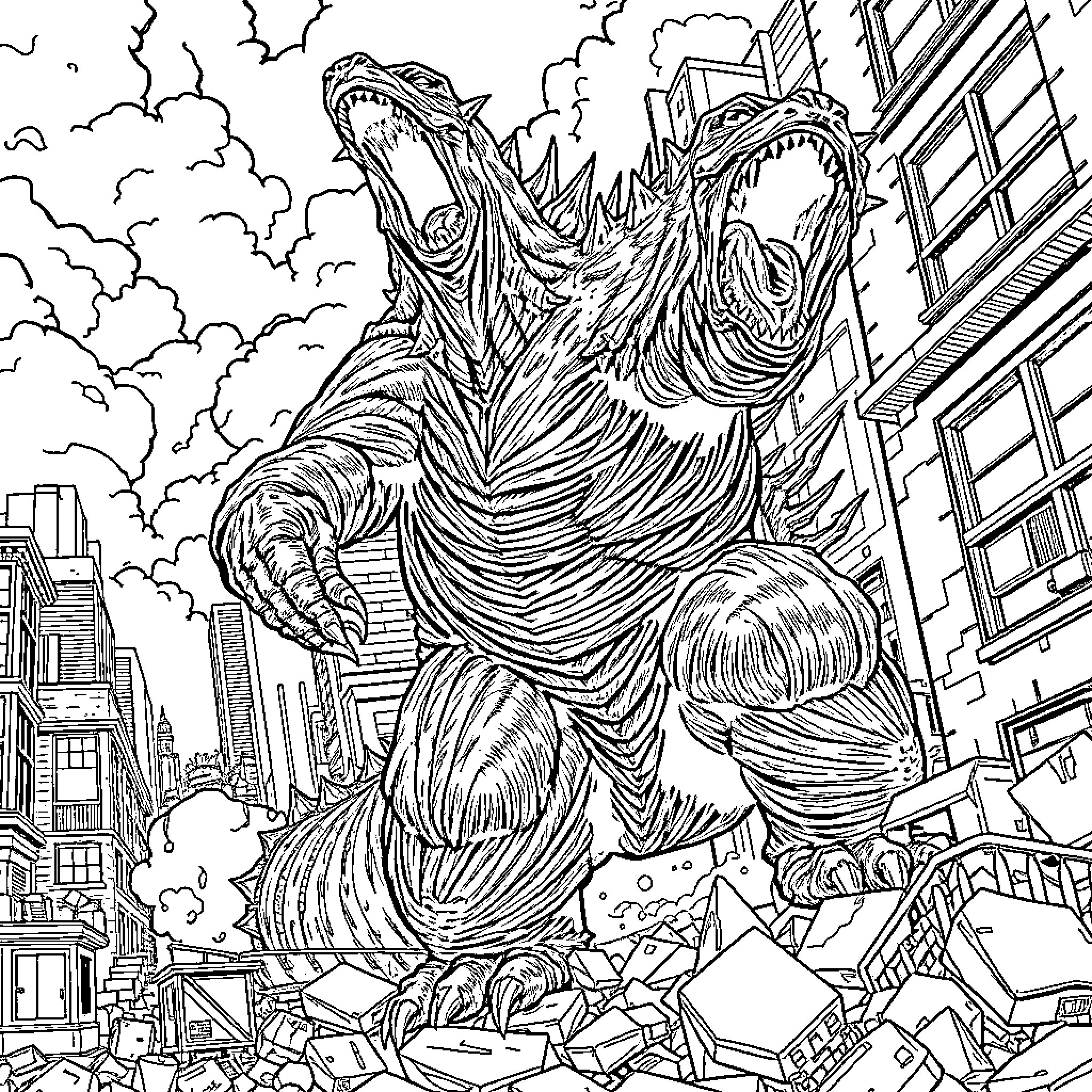 Godzilla destroying a city with its mighty jaws Coloring Page (free black-and-white line drawing printable PDF for all, from beginners to advanced learners, including children, teens, adults, and seniors)