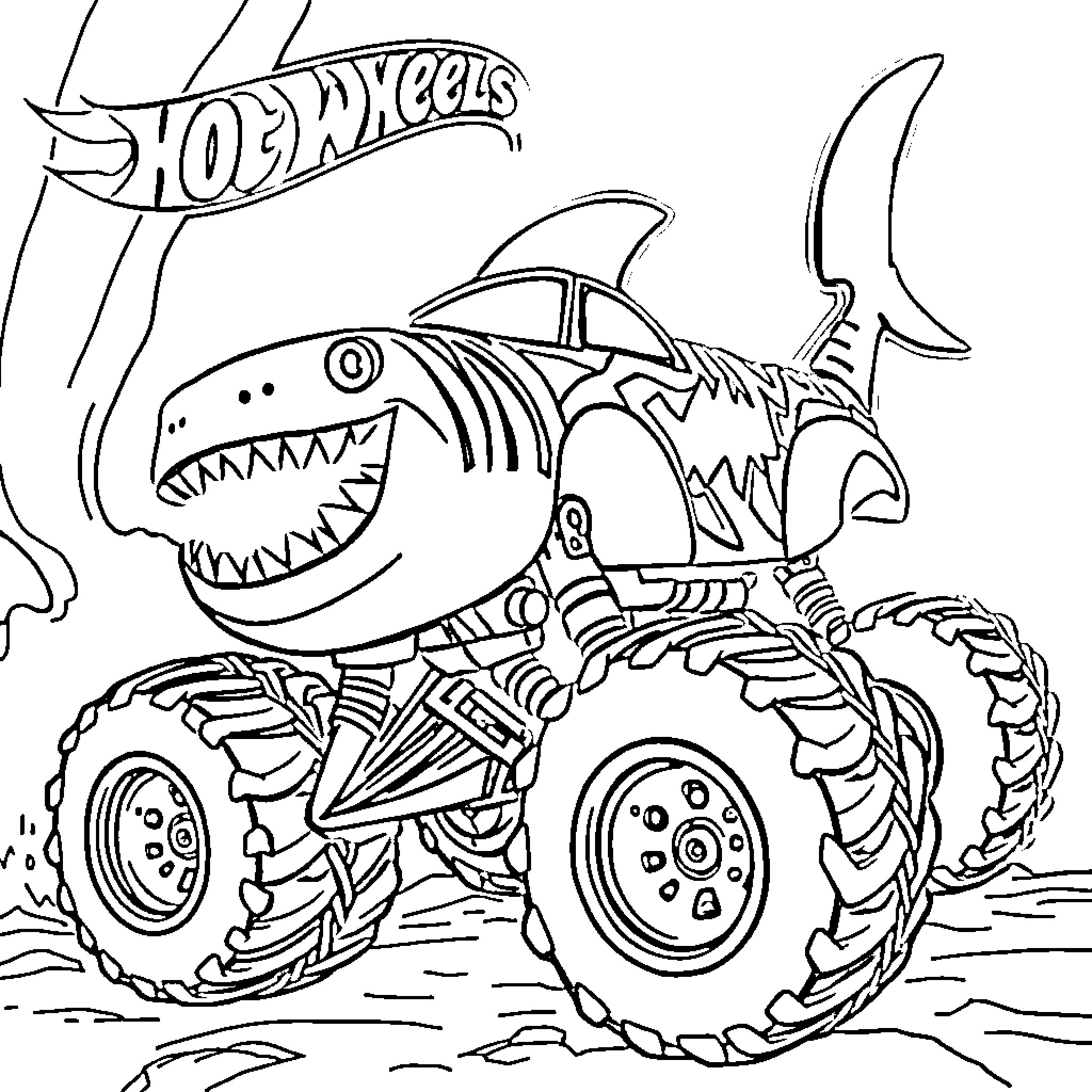 Monster Truck with Shark-Themed Design Charges Through Terrain Coloring Page (free black-and-white line drawing printable PDF for all, from beginners to advanced learners, including children, teens, adults, and seniors)