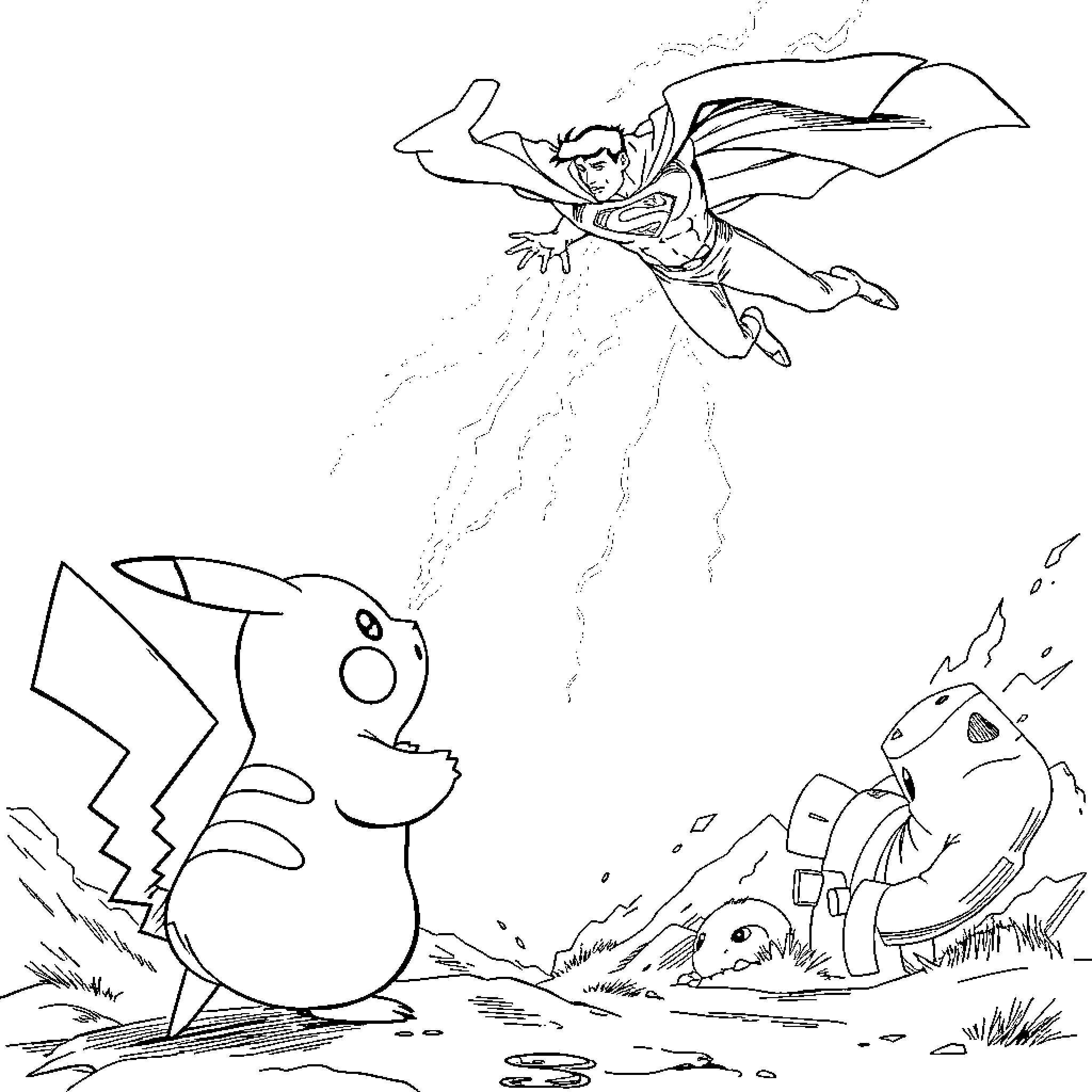 Pikachu battling heroically against foes Coloring Page (free black-and-white line drawing printable PDF for all, from beginners to advanced learners, including children, teens, adults, and seniors)