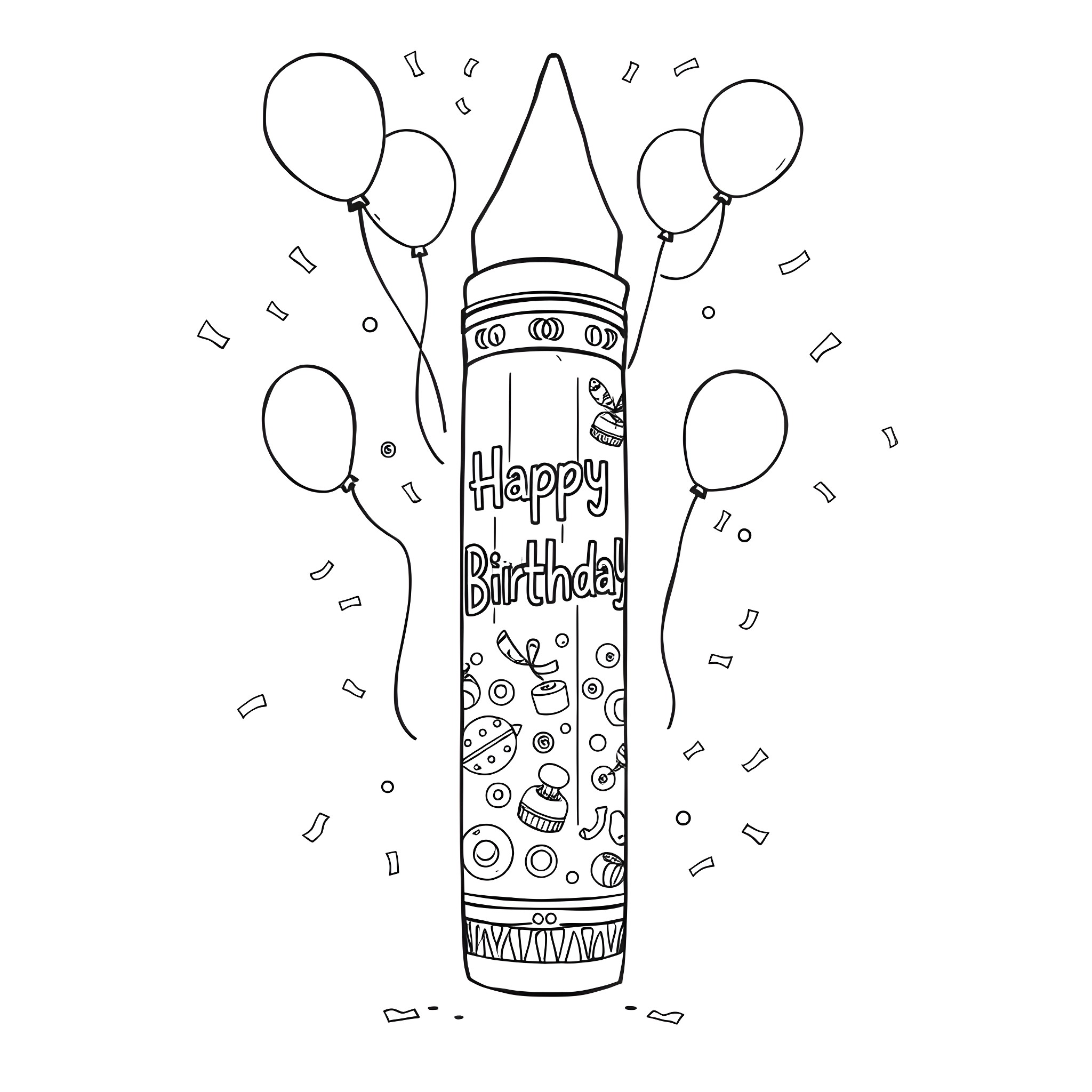 Crayon drawing of a birthday candle with balloons Coloring Page (free black-and-white line drawing printable PDF for all, from beginners to advanced learners, including children, teens, adults, and seniors)