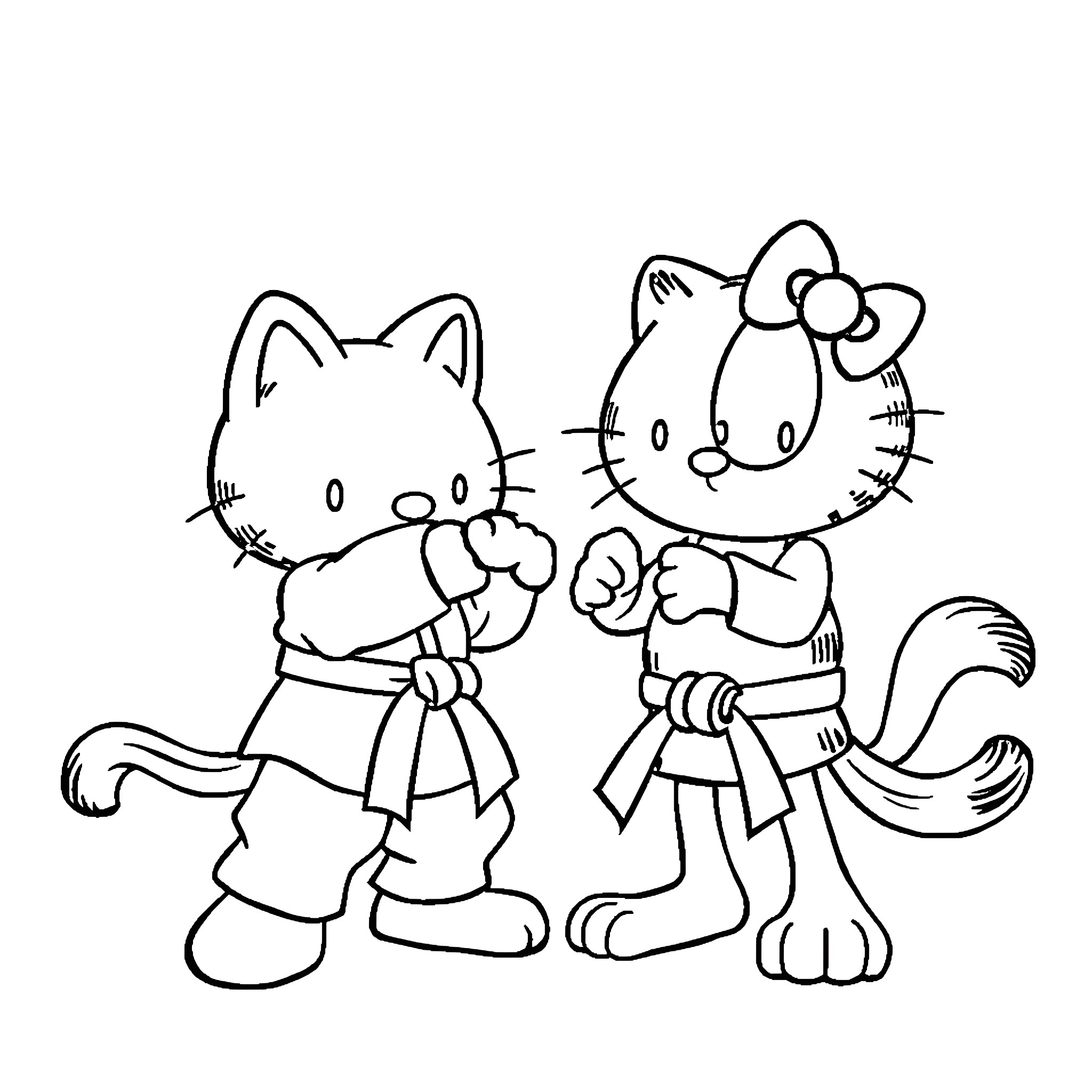 Hello Kitty characters in warrior outfits Coloring Page (free black-and-white line drawing printable PDF for all, from beginners to advanced learners, including children, teens, adults, and seniors)