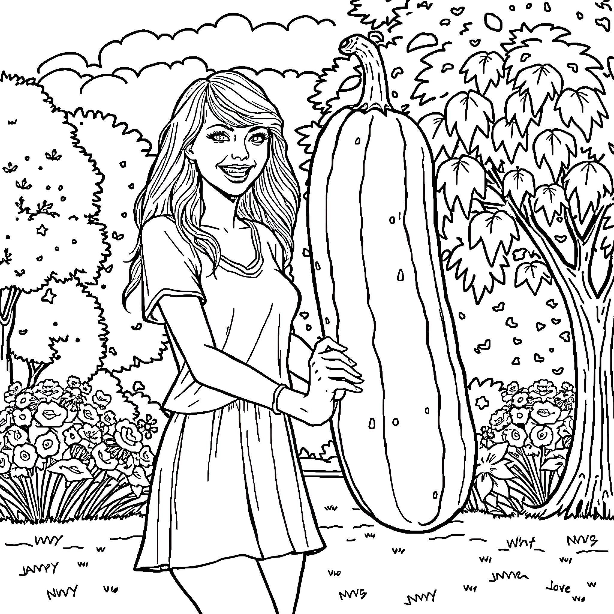 Taylor Swift in a serene garden setting Coloring Page (free black-and-white line drawing printable PDF for all, from beginners to advanced learners, including children, teens, adults, and seniors)