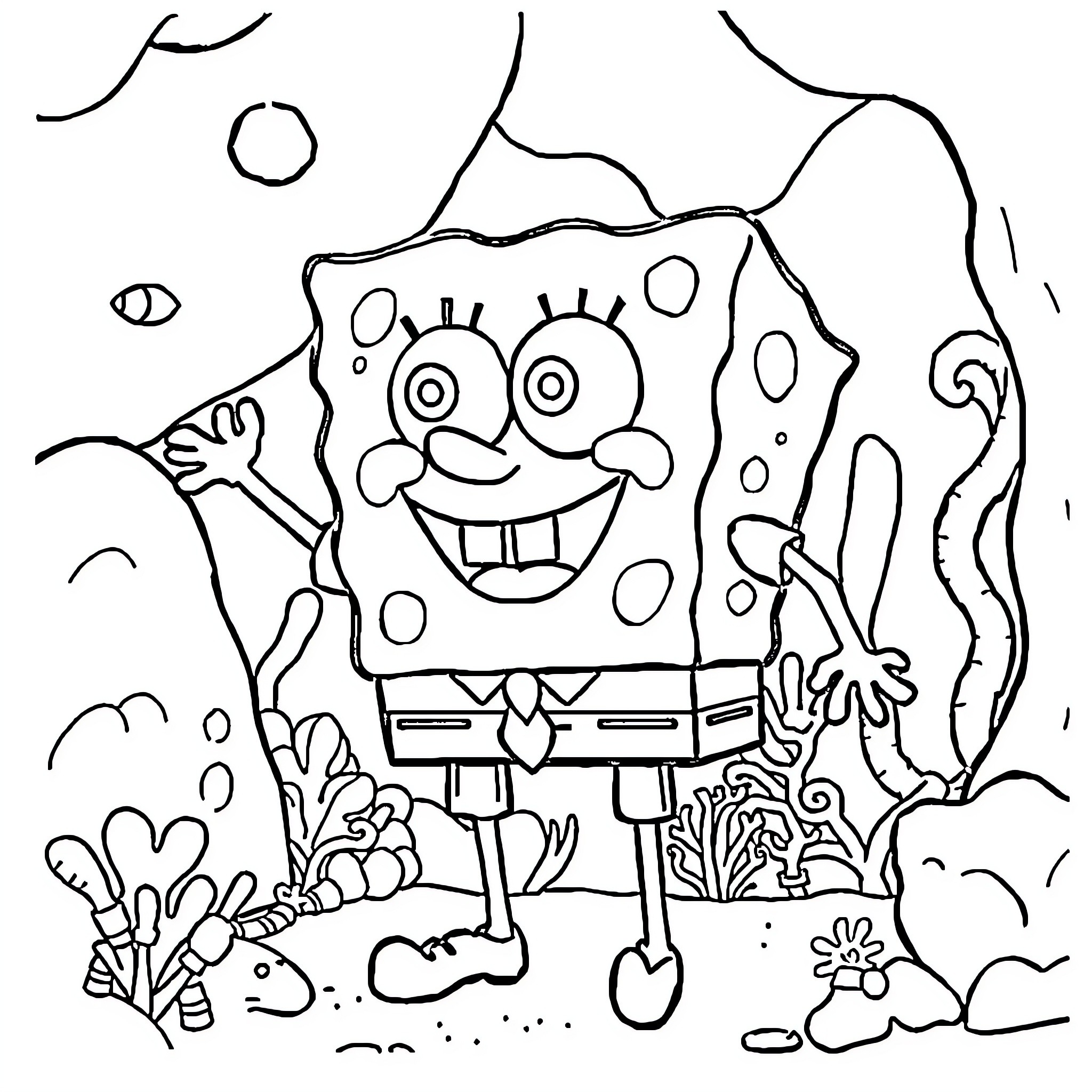 Spongebob happily exploring the underwater world Coloring Page (free black-and-white line drawing printable PDF for all, from beginners to advanced learners, including children, teens, adults, and seniors)