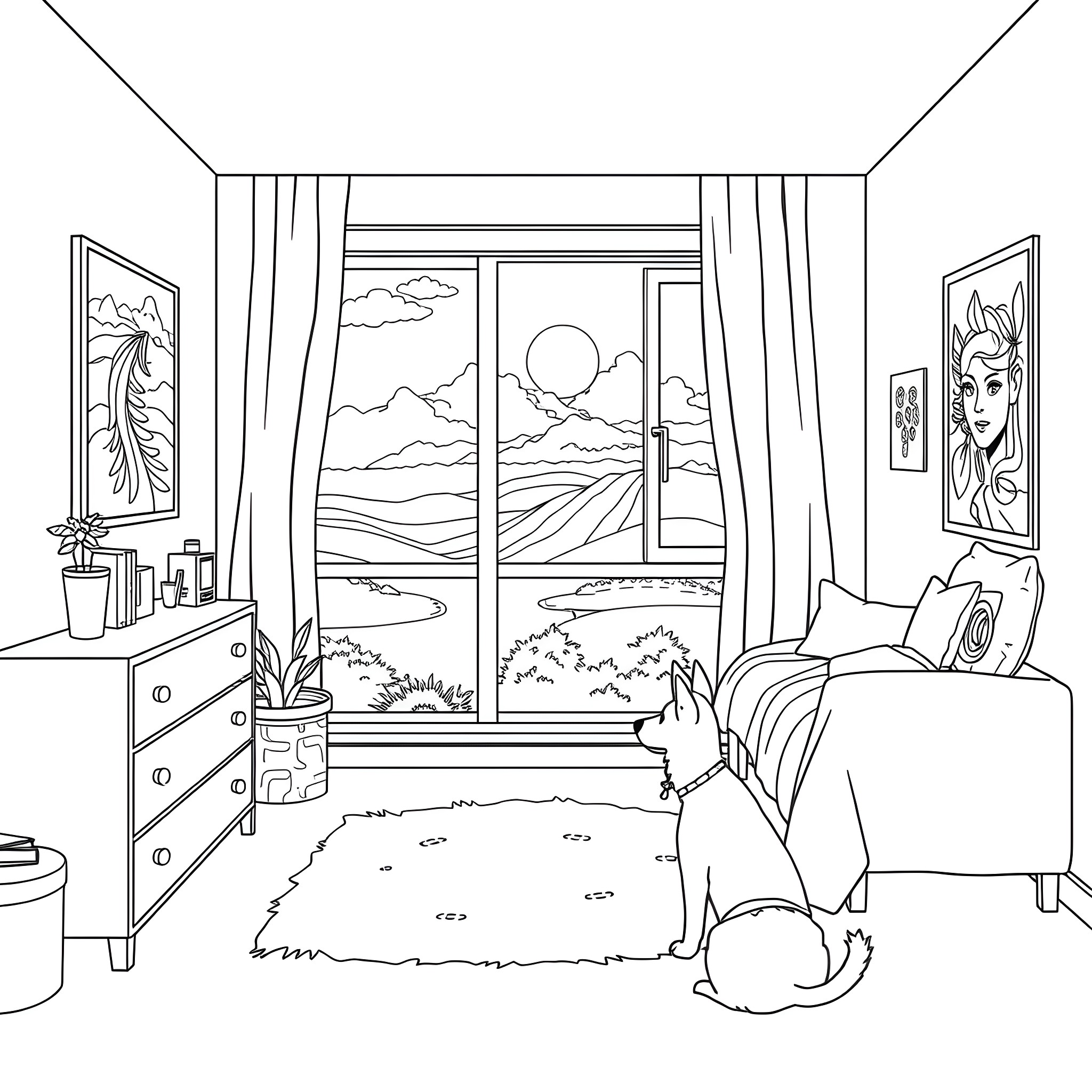Teen Girl Relaxing in Cozy Room with Scenic Window View Coloring Page (free black-and-white line drawing printable PDF for all, from beginners to advanced learners, including children, teens, adults, and seniors)