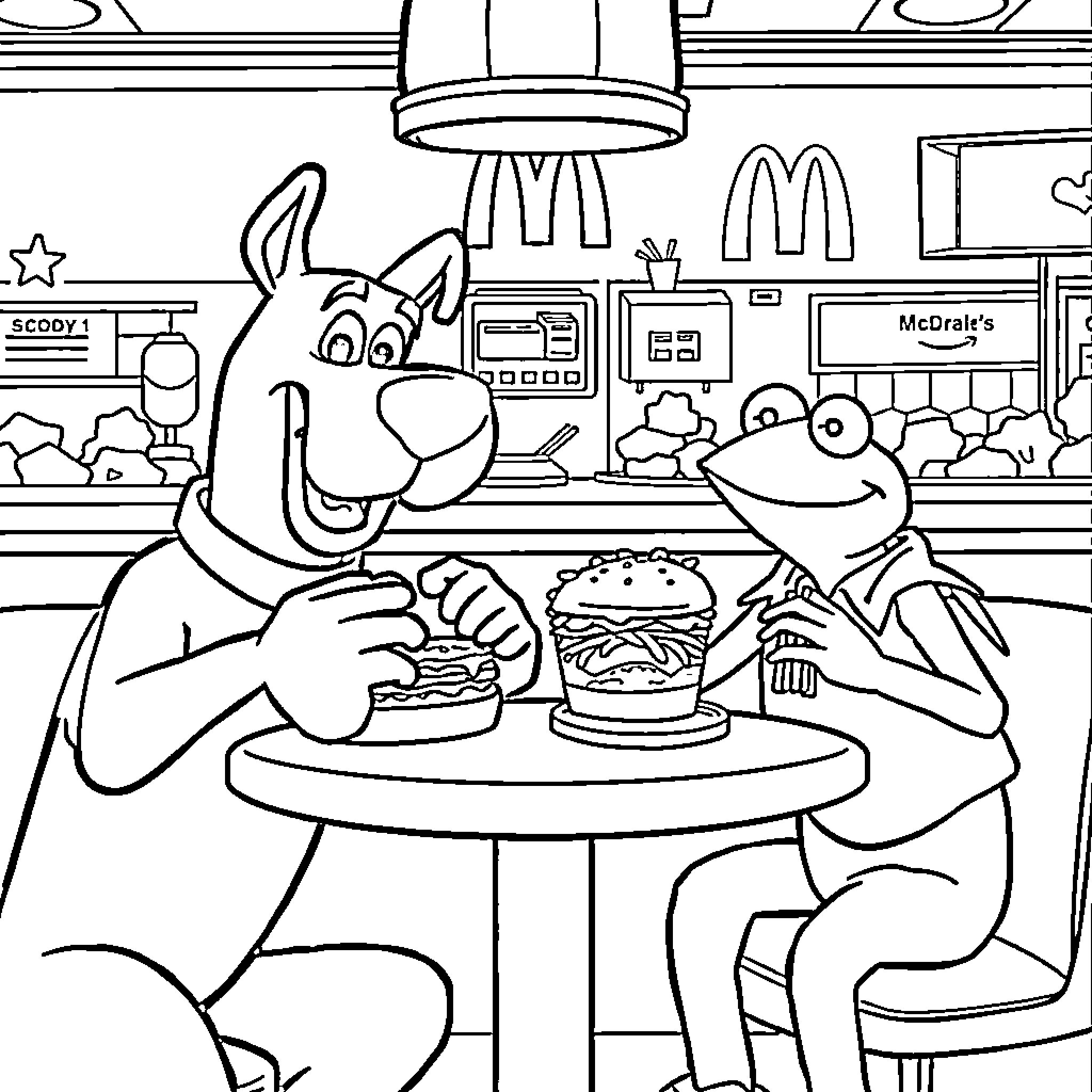 Scooby Doo and Shaggy Enjoy Burgers at McDonald's Coloring Page (free black-and-white line drawing printable PDF for all, from beginners to advanced learners, including children, teens, adults, and seniors)