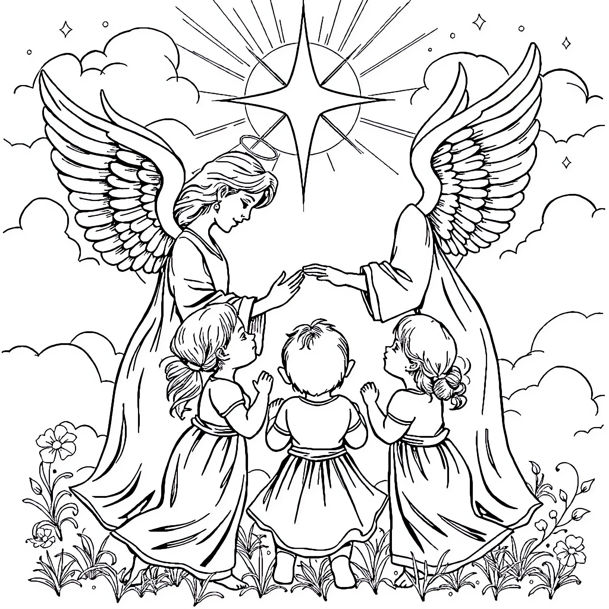 Angel Guiding and Watching Over Children Coloring Page (free black-and-white line drawing printable PDF for all, from beginners to advanced learners, including children, teens, adults, and seniors)