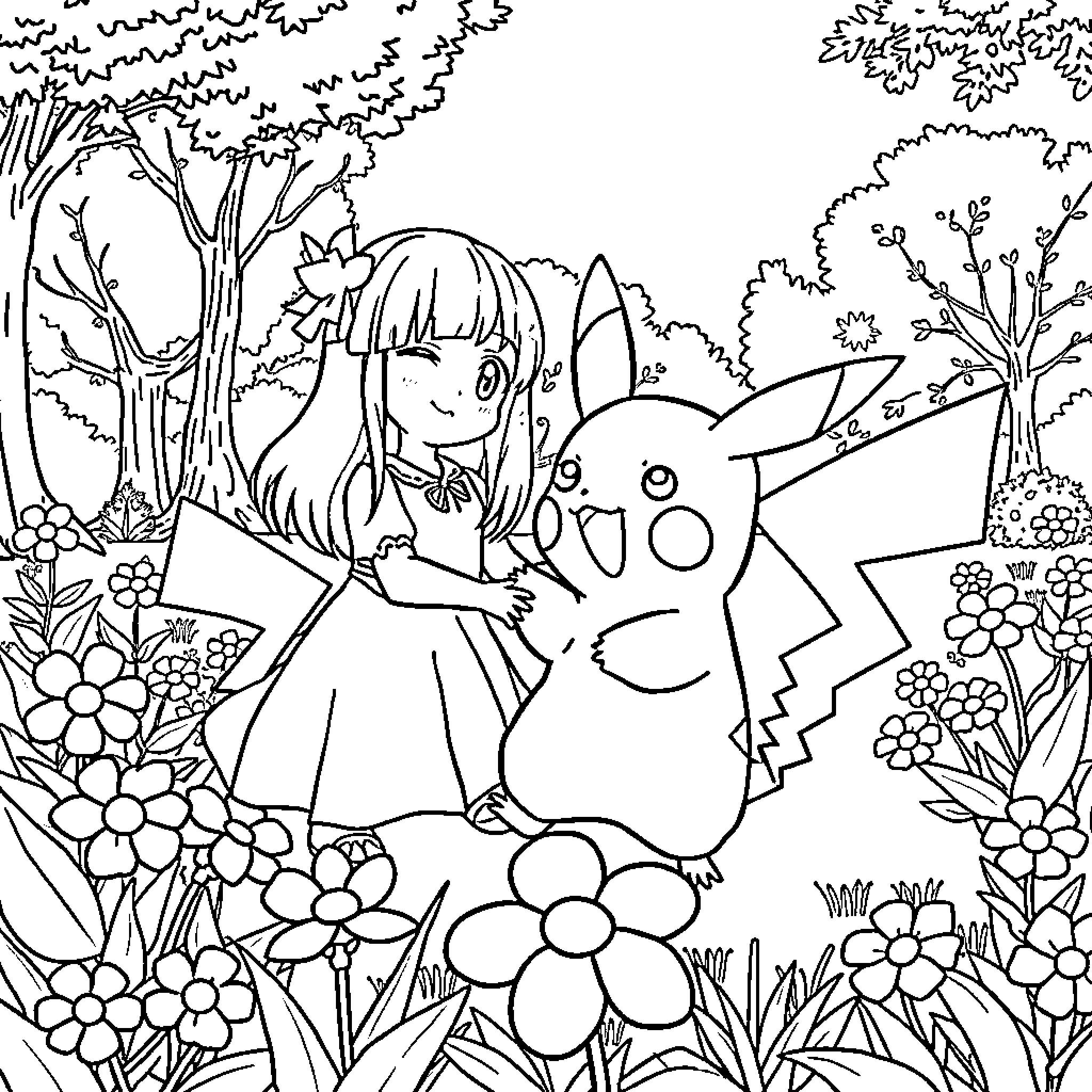 Pikachu and girl exploring the magical forest Coloring Page (free black-and-white line drawing printable PDF for all, from beginners to advanced learners, including children, teens, adults, and seniors)
