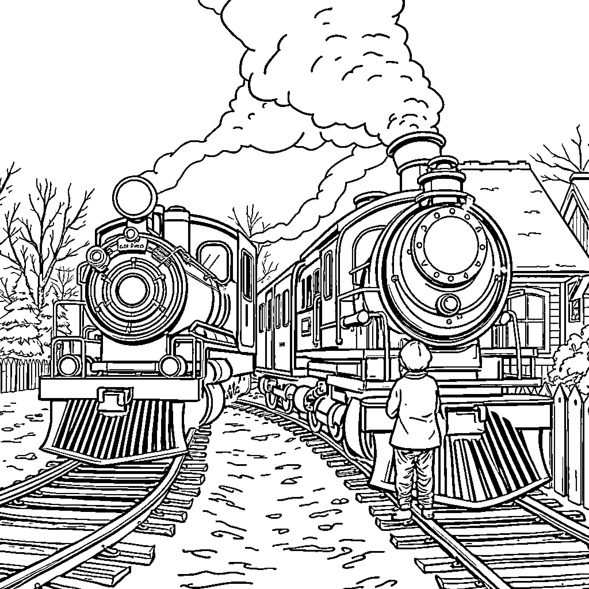 Polar Express Trains Traveling Along Railway Tracks Coloring Page (free black-and-white line drawing printable PDF for all, from beginners to advanced learners, including children, teens, adults, and seniors)