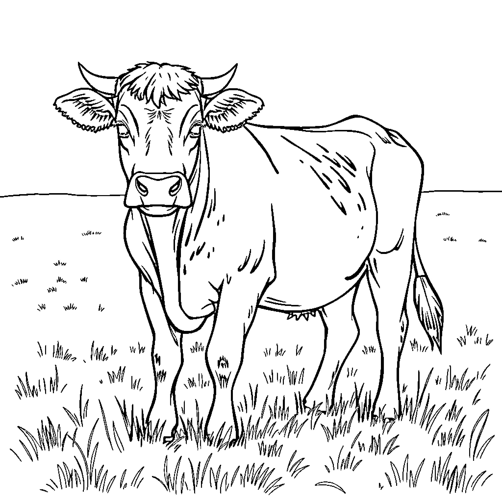 Cow standing in grassy field Coloring Page (free black-and-white line drawing printable PDF for all, from beginners to advanced learners, including children, teens, adults, and seniors)