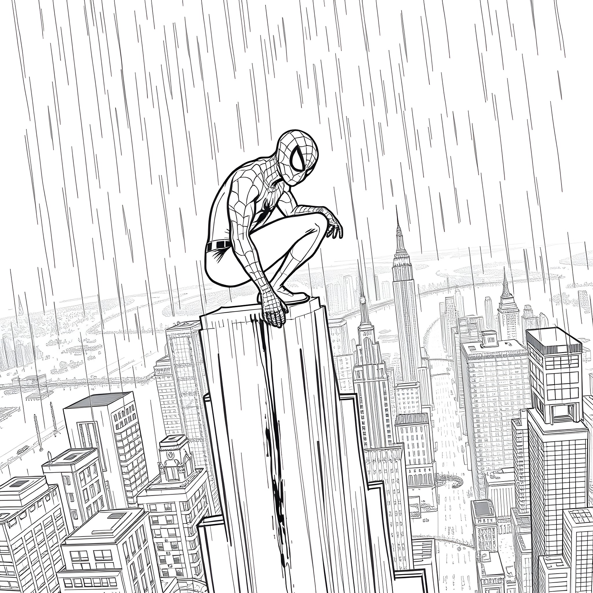 Spider-Man brooding on a skyscraper in the rain Coloring Page (free black-and-white line drawing printable PDF for all, from beginners to advanced learners, including children, teens, adults, and seniors)