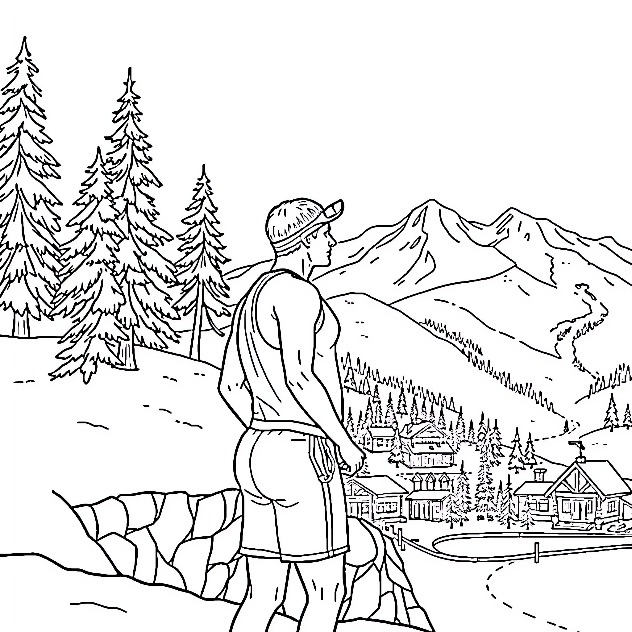 Bay Watch: Hiker enjoys scenic mountain view Coloring Page (free black-and-white line drawing printable PDF for all, from beginners to advanced learners, including children, teens, adults, and seniors)