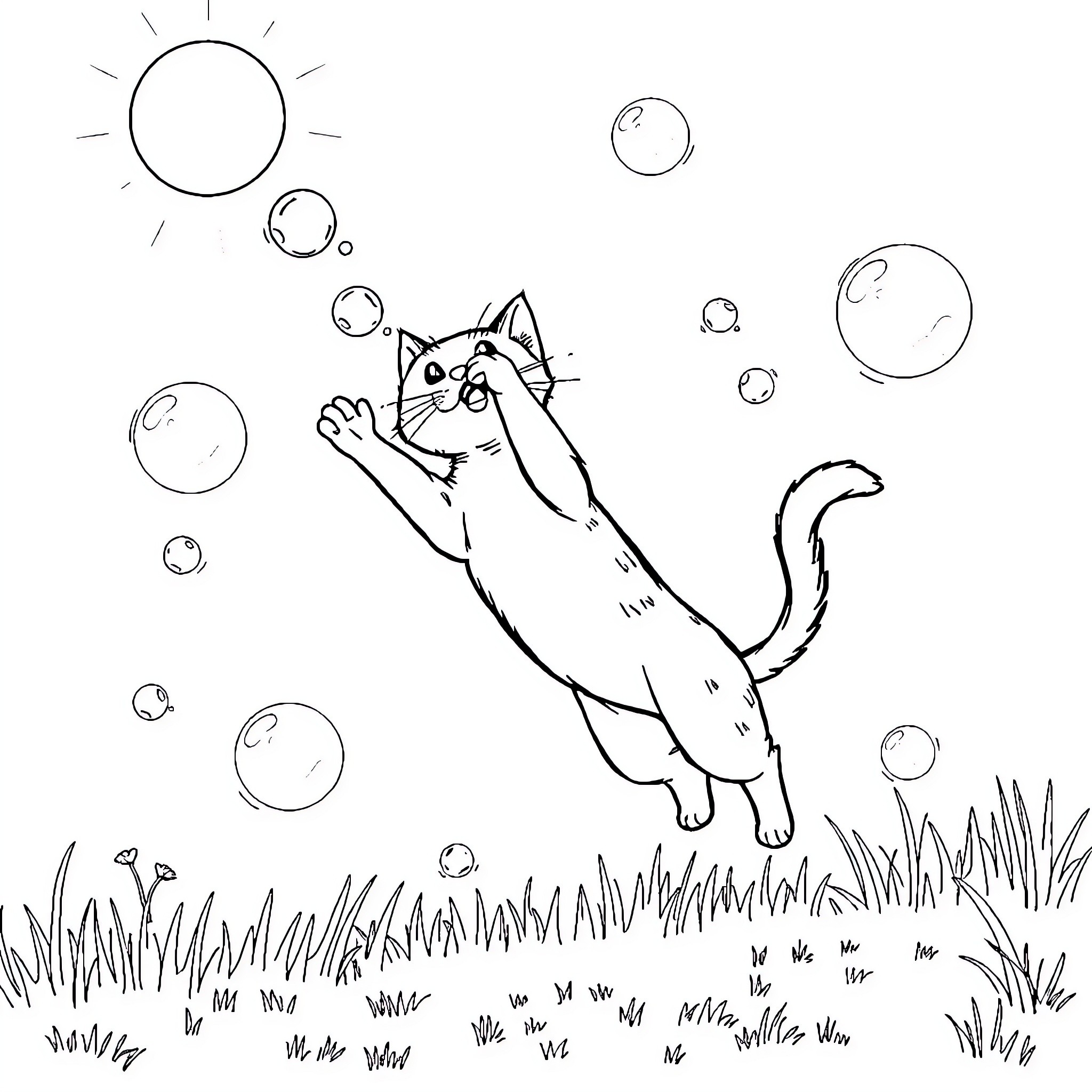 Cat playing with bubbles in the grass Coloring Page (free black-and-white line drawing printable PDF for all, from beginners to advanced learners, including children, teens, adults, and seniors)
