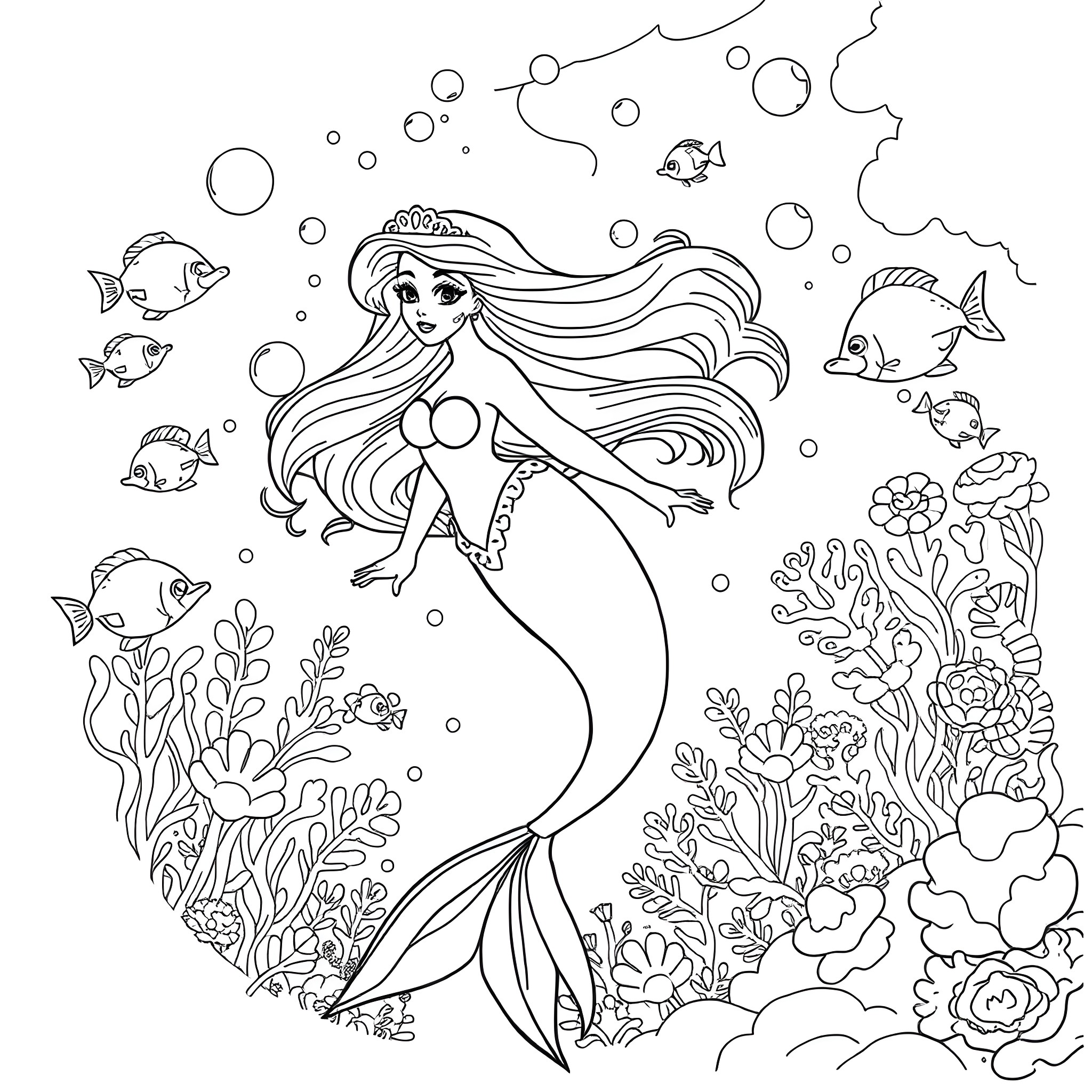 Mermaid swimming joyfully in the underwater world Coloring Page (free black-and-white line drawing printable PDF for all, from beginners to advanced learners, including children, teens, adults, and seniors)