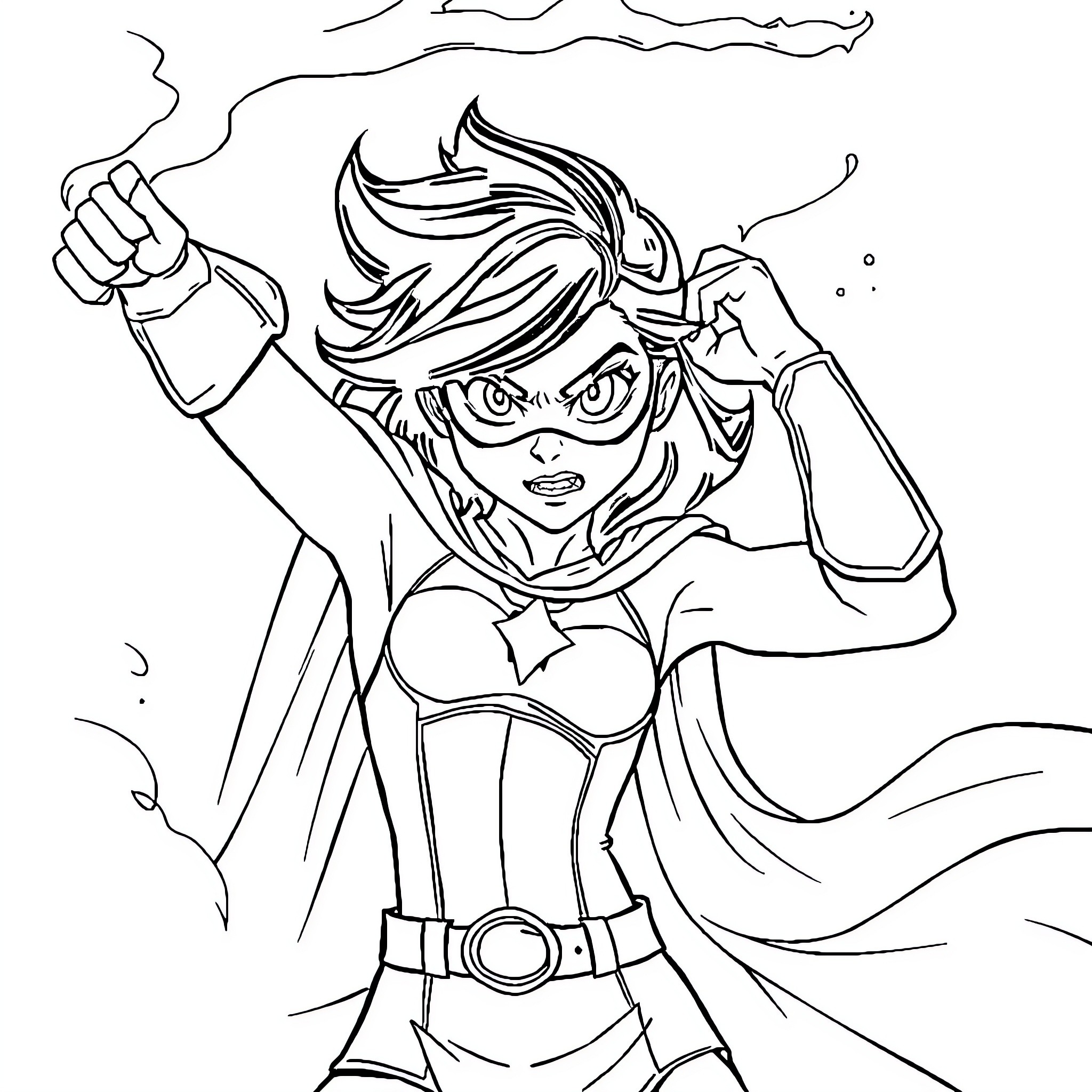 Anime Hero in Determined Action Pose Coloring Page (free black-and-white line drawing printable PDF for all, from beginners to advanced learners, including children, teens, adults, and seniors)