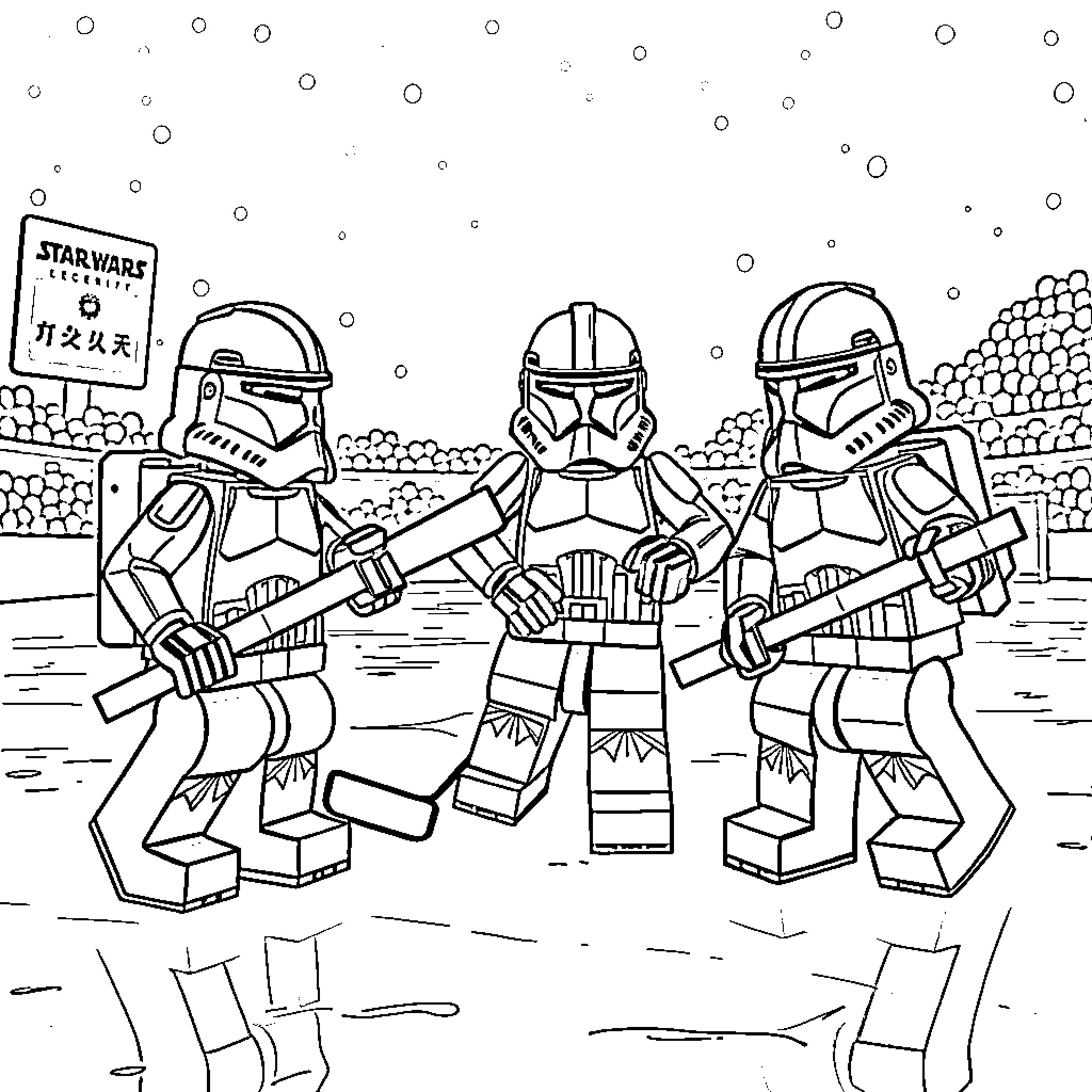 Clone Troopers on patrol in a Star Wars landscape Coloring Page (free black-and-white line drawing printable PDF for all, from beginners to advanced learners, including children, teens, adults, and seniors)