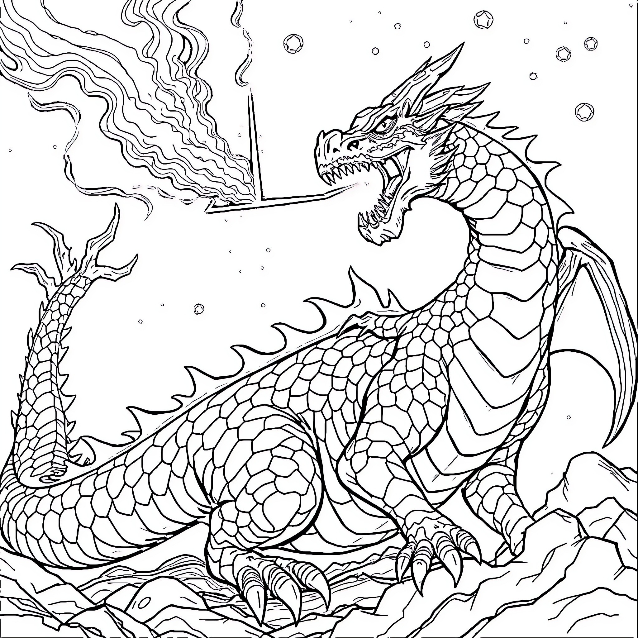 Dragon breathing fire and smoke in a fantasy scene Coloring Page (free black-and-white line drawing printable PDF for all, from beginners to advanced learners, including children, teens, adults, and seniors)