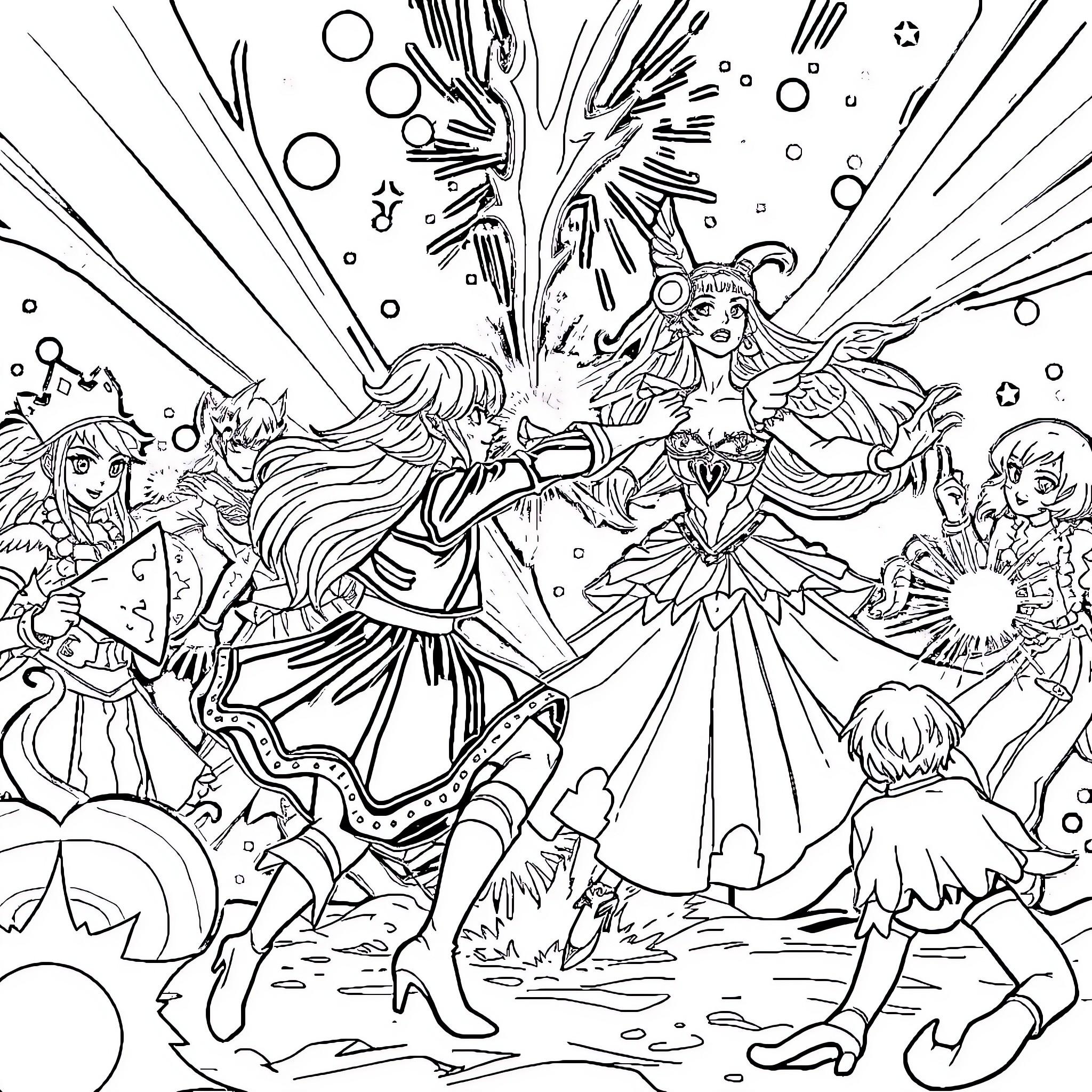 Pomni Magical Girls in Fantastical Dance Coloring Page (free black-and-white line drawing printable PDF for all, from beginners to advanced learners, including children, teens, adults, and seniors)