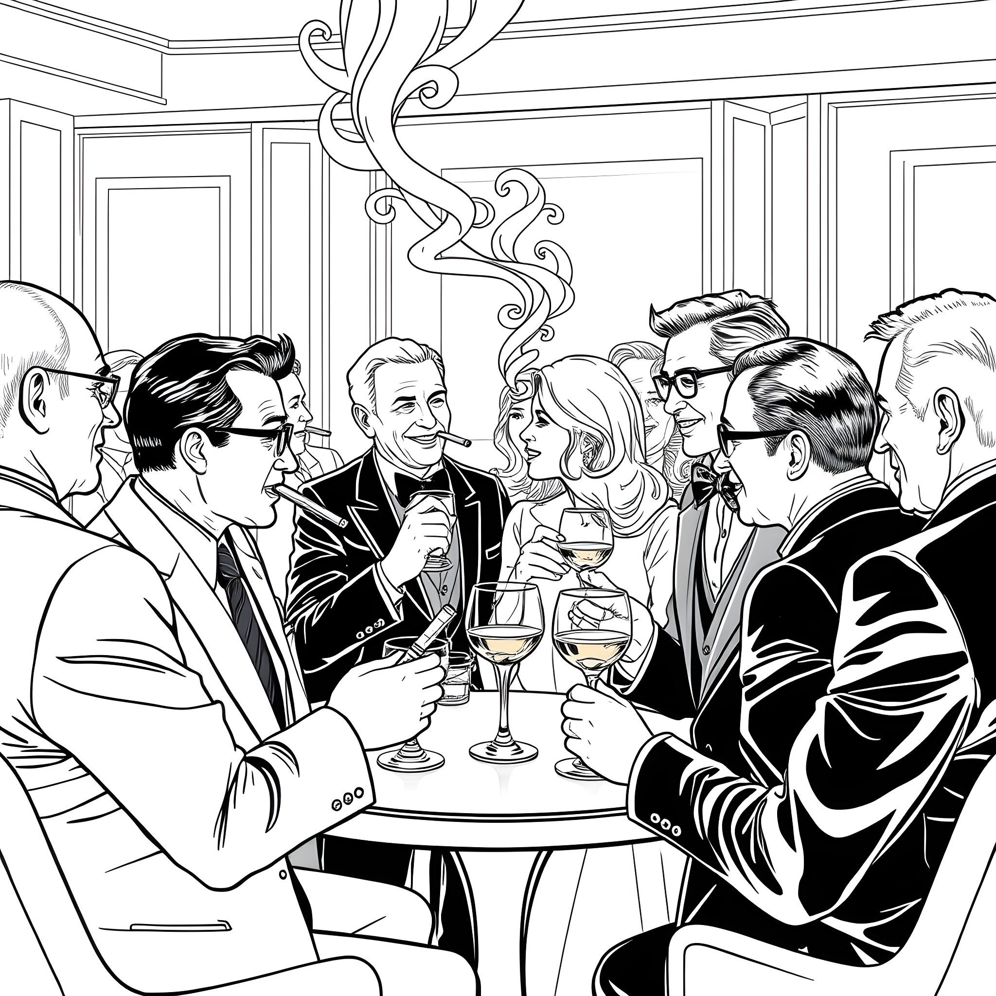 Person socializing and conversing at formal gathering Coloring Page (free black-and-white line drawing printable PDF for all, from beginners to advanced learners, including children, teens, adults, and seniors)