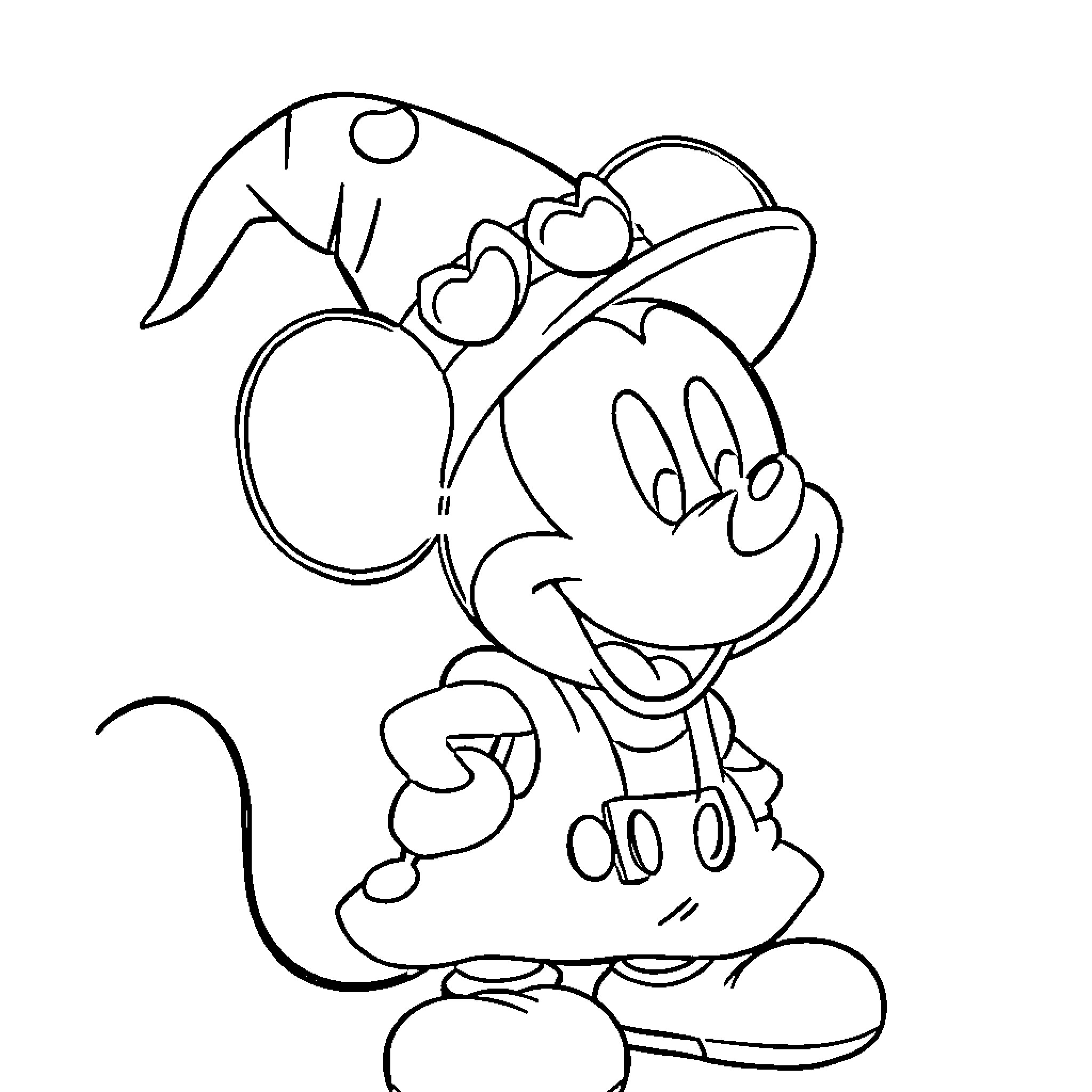Mickey Mouse having fun with hearts on his hat Coloring Page (free black-and-white line drawing printable PDF for all, from beginners to advanced learners, including children, teens, adults, and seniors)