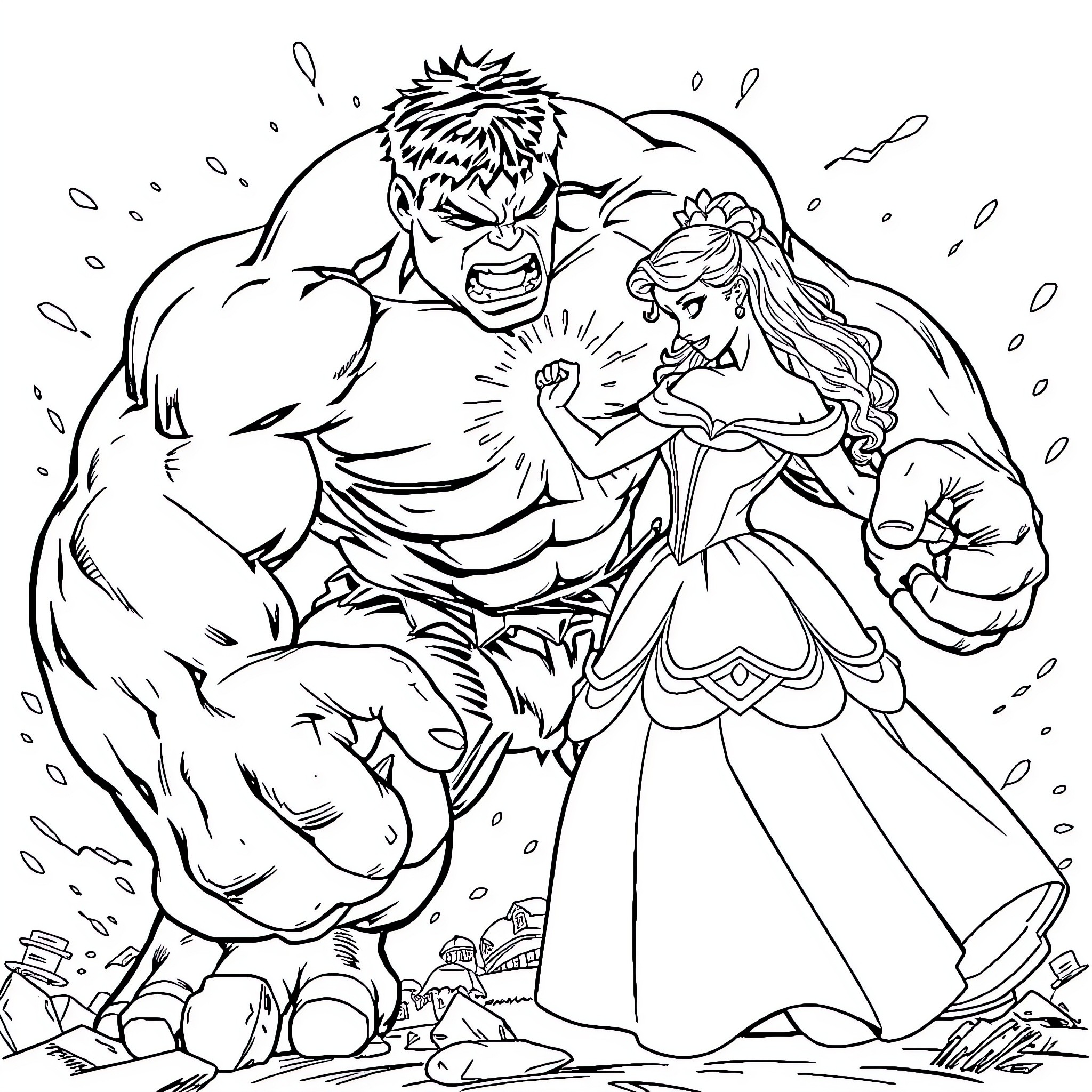 Hulk protecting the princess from danger Coloring Page (free black-and-white line drawing printable PDF for all, from beginners to advanced learners, including children, teens, adults, and seniors)