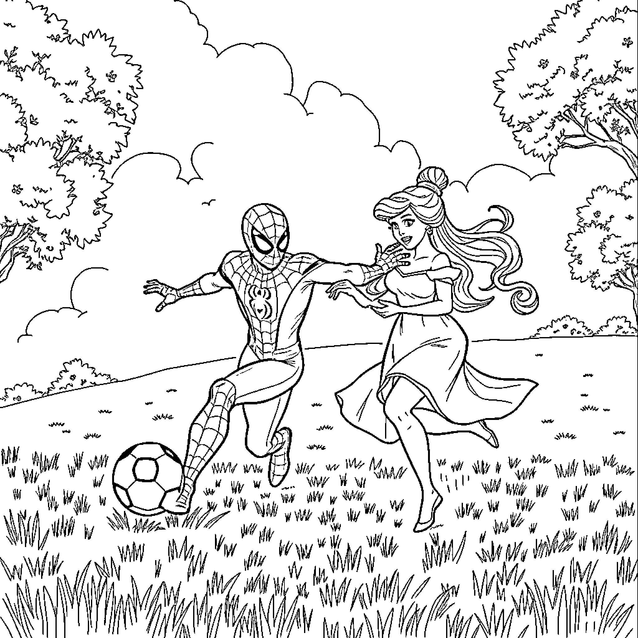 Spiderman playing soccer with a woman in a field Coloring Page (free black-and-white line drawing printable PDF for all, from beginners to advanced learners, including children, teens, adults, and seniors)