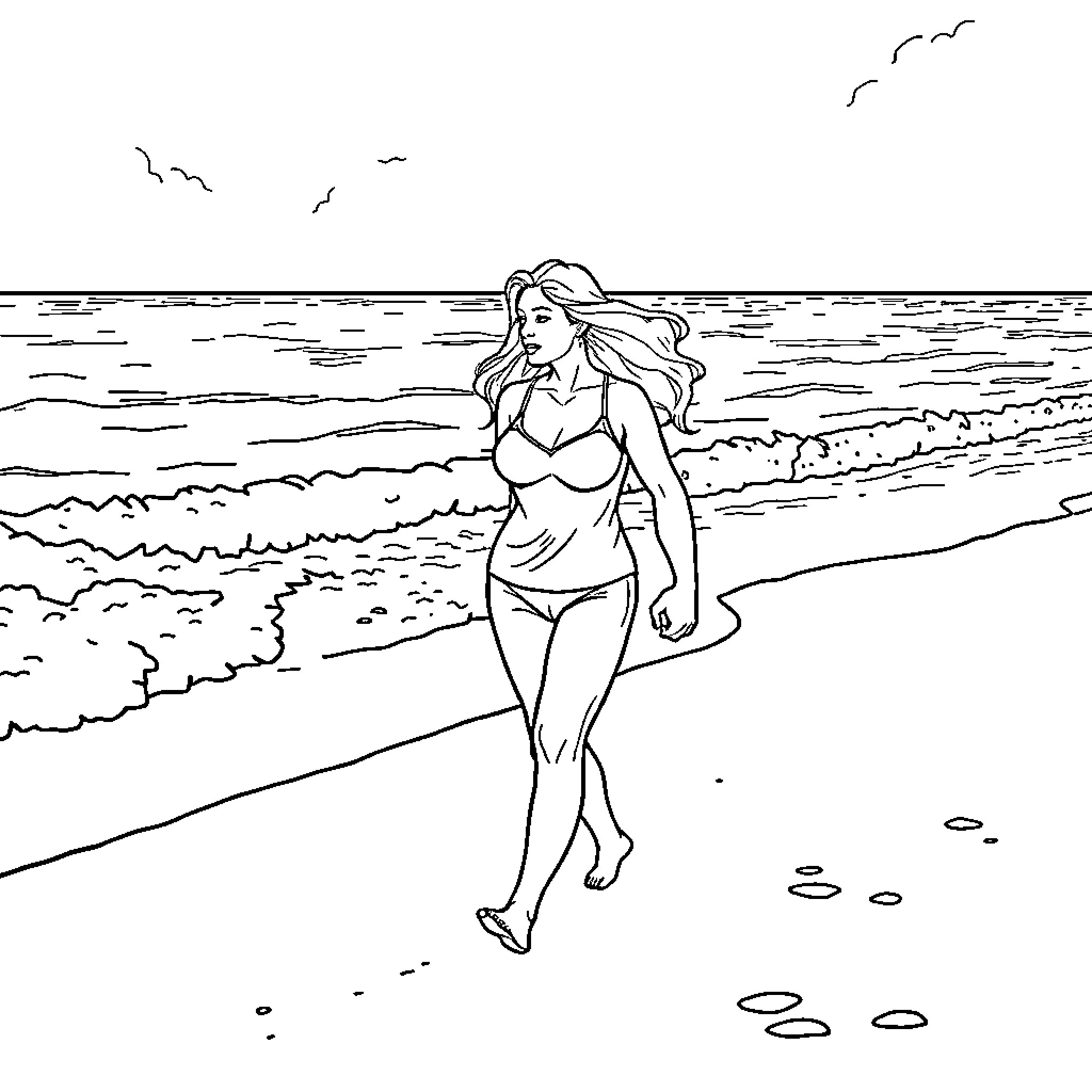 Couple enjoying a day at the beach Coloring Page (free black-and-white line drawing printable PDF for all, from beginners to advanced learners, including children, teens, adults, and seniors)