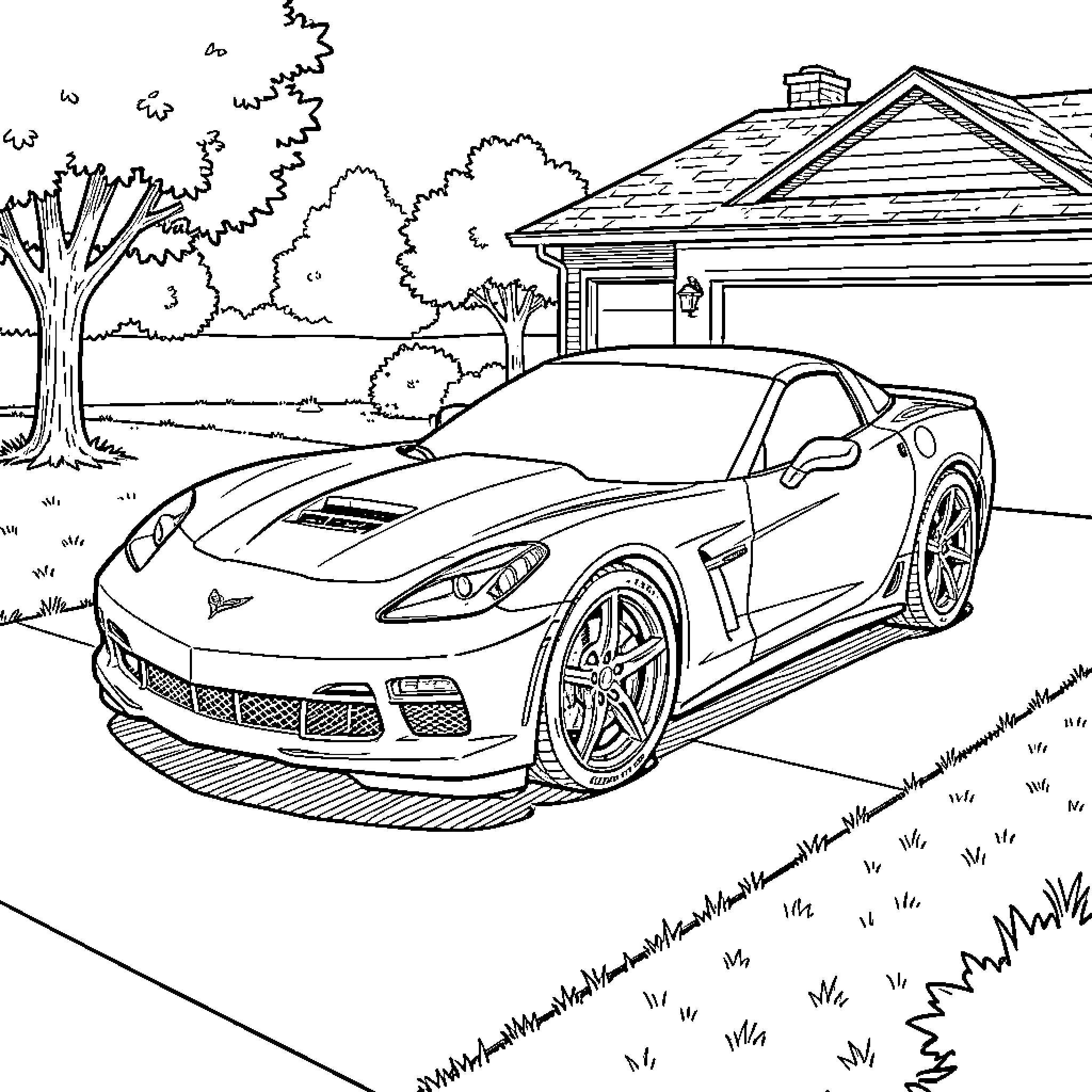 Corvette parked in a residential driveway near a house Coloring Page (free black-and-white line drawing printable PDF for all, from beginners to advanced learners, including children, teens, adults, and seniors)