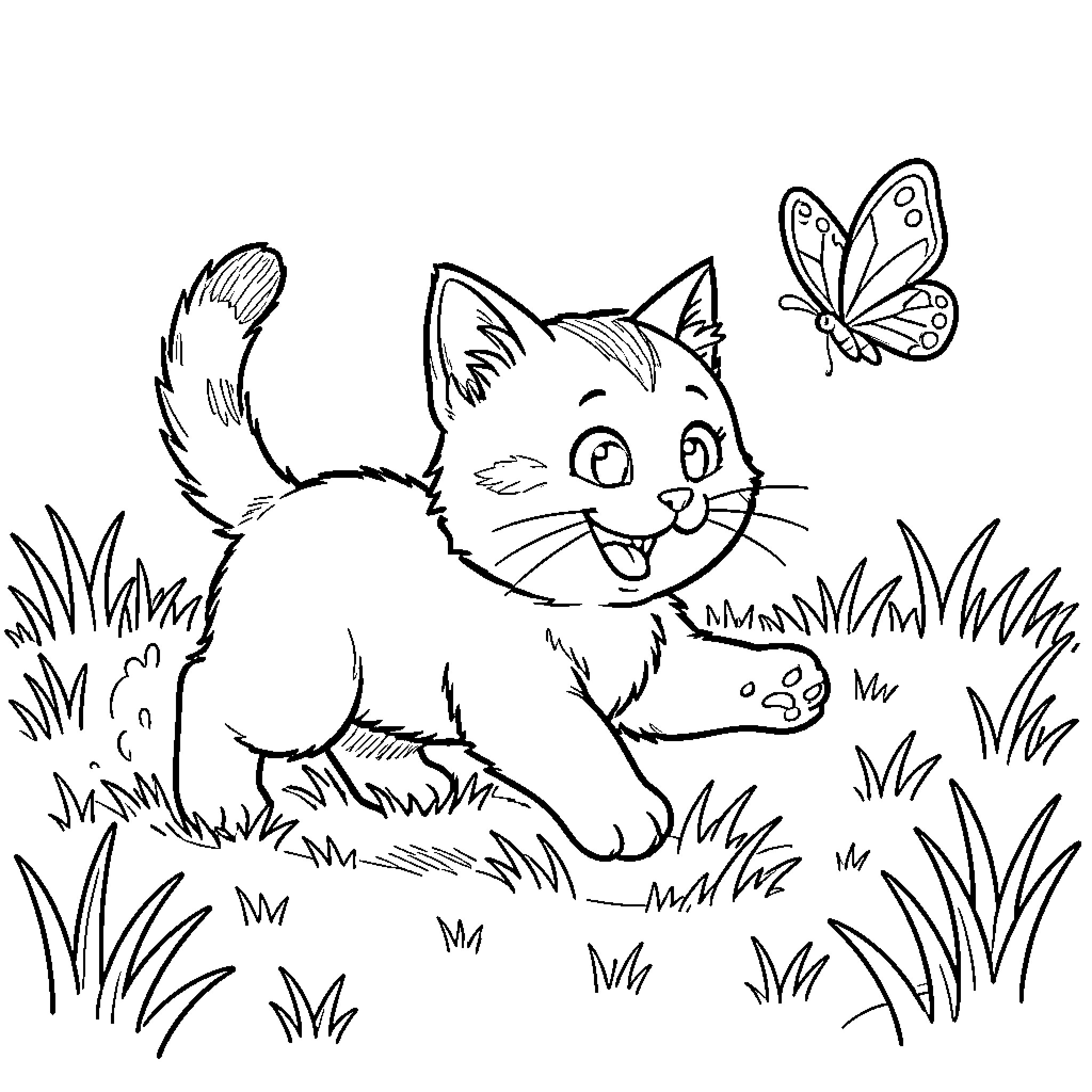 Kitten exploring the outdoors with a butterfly Coloring Page (free black-and-white line drawing printable PDF for all, from beginners to advanced learners, including children, teens, adults, and seniors)
