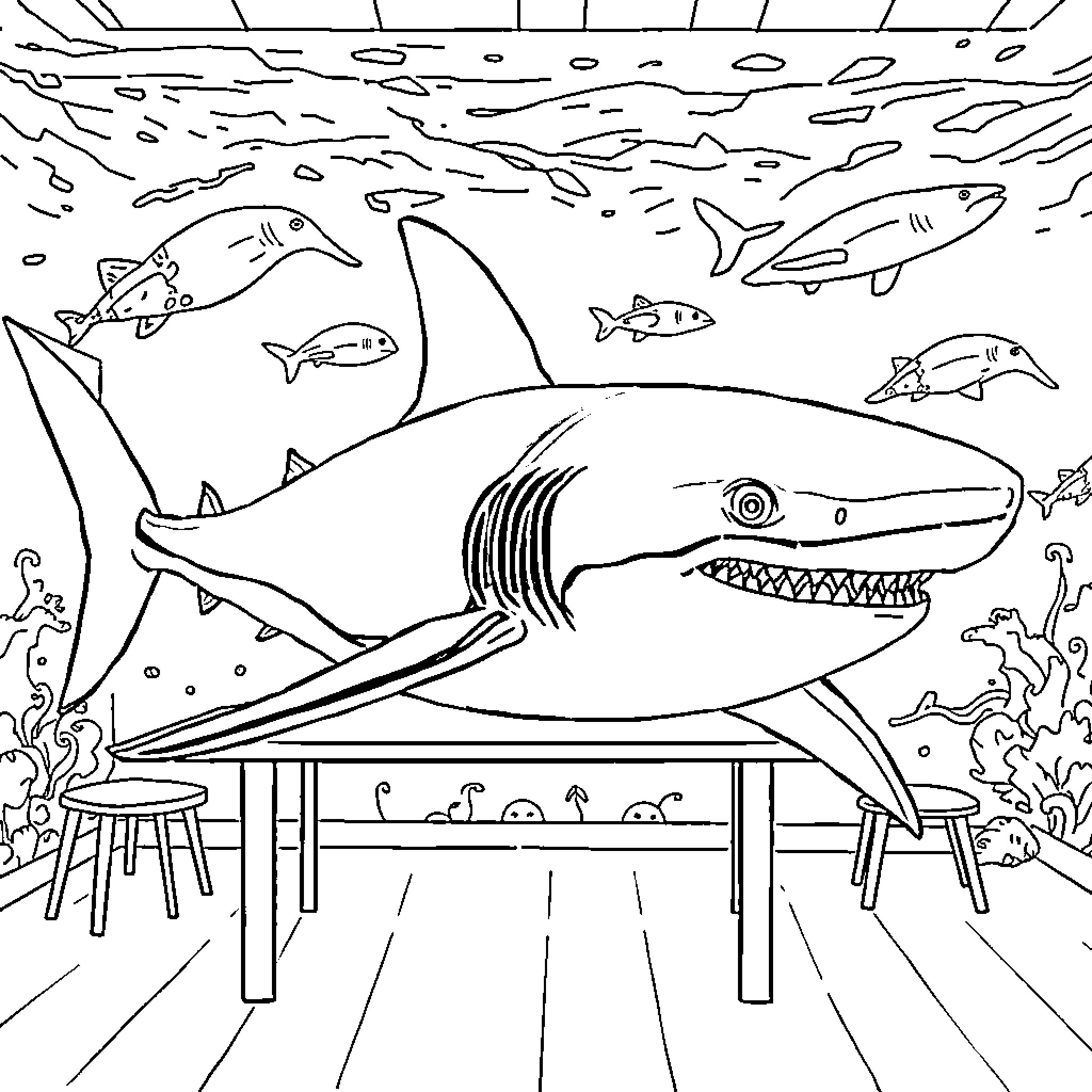 Megalodon swimming through an underwater scene Coloring Page (free black-and-white line drawing printable PDF for all, from beginners to advanced learners, including children, teens, adults, and seniors)