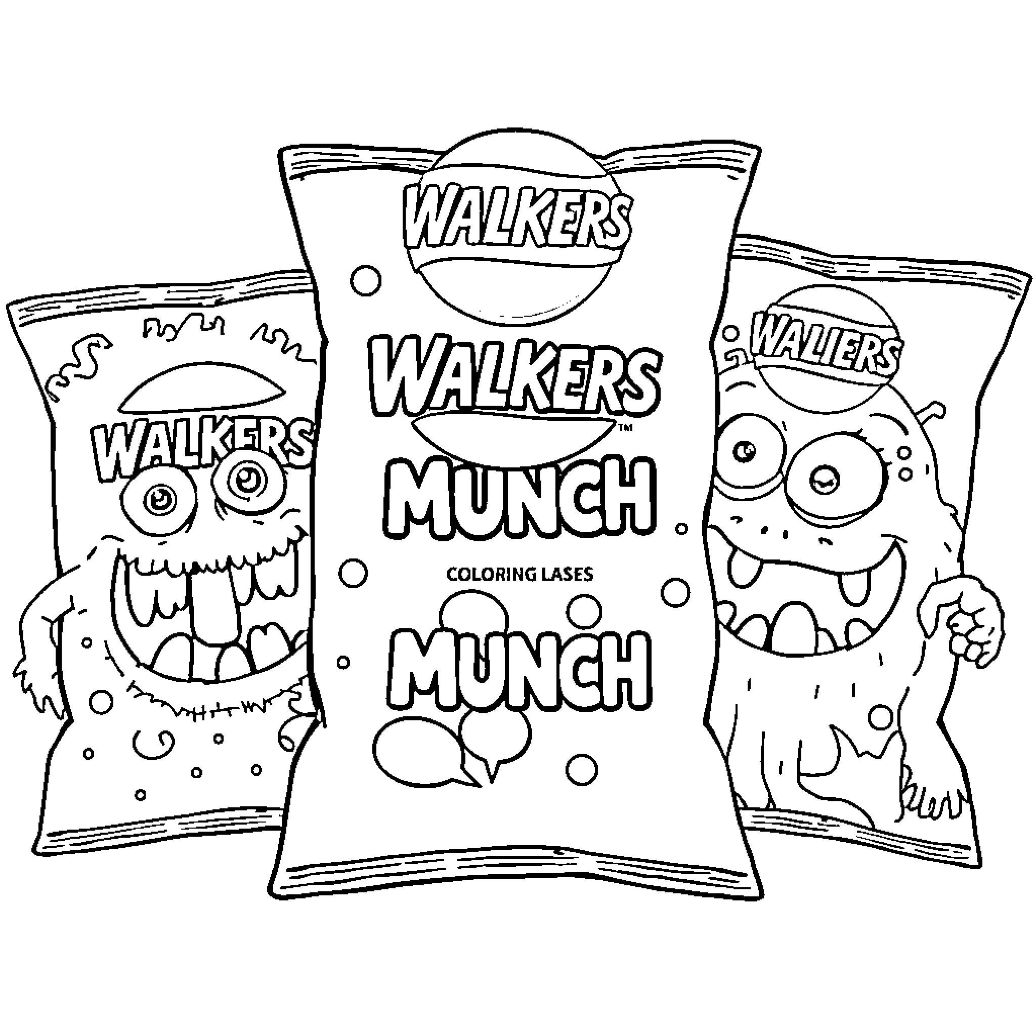 Monster Snack Bags with Silly Designs Coloring Page (free black-and-white line drawing printable PDF for all, from beginners to advanced learners, including children, teens, adults, and seniors)
