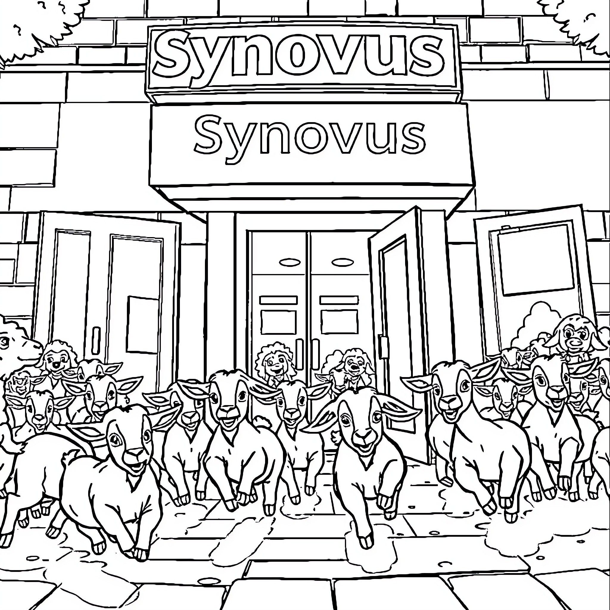 Goats rushing out of the Synovus building Coloring Page (free black-and-white line drawing printable PDF for all, from beginners to advanced learners, including children, teens, adults, and seniors)