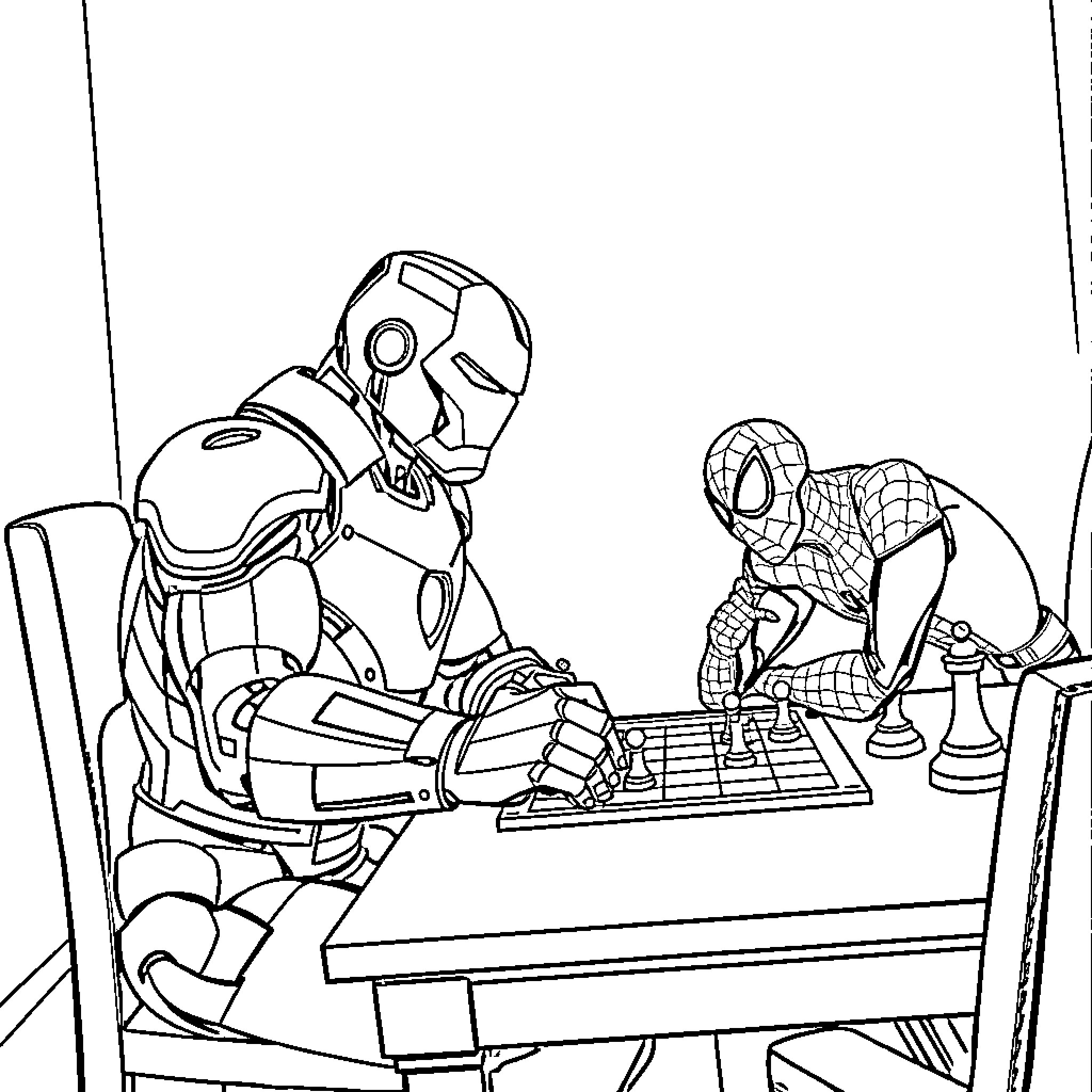 Iron Man and Spider-Man playing chess together Coloring Page (free black-and-white line drawing printable PDF for all, from beginners to advanced learners, including children, teens, adults, and seniors)