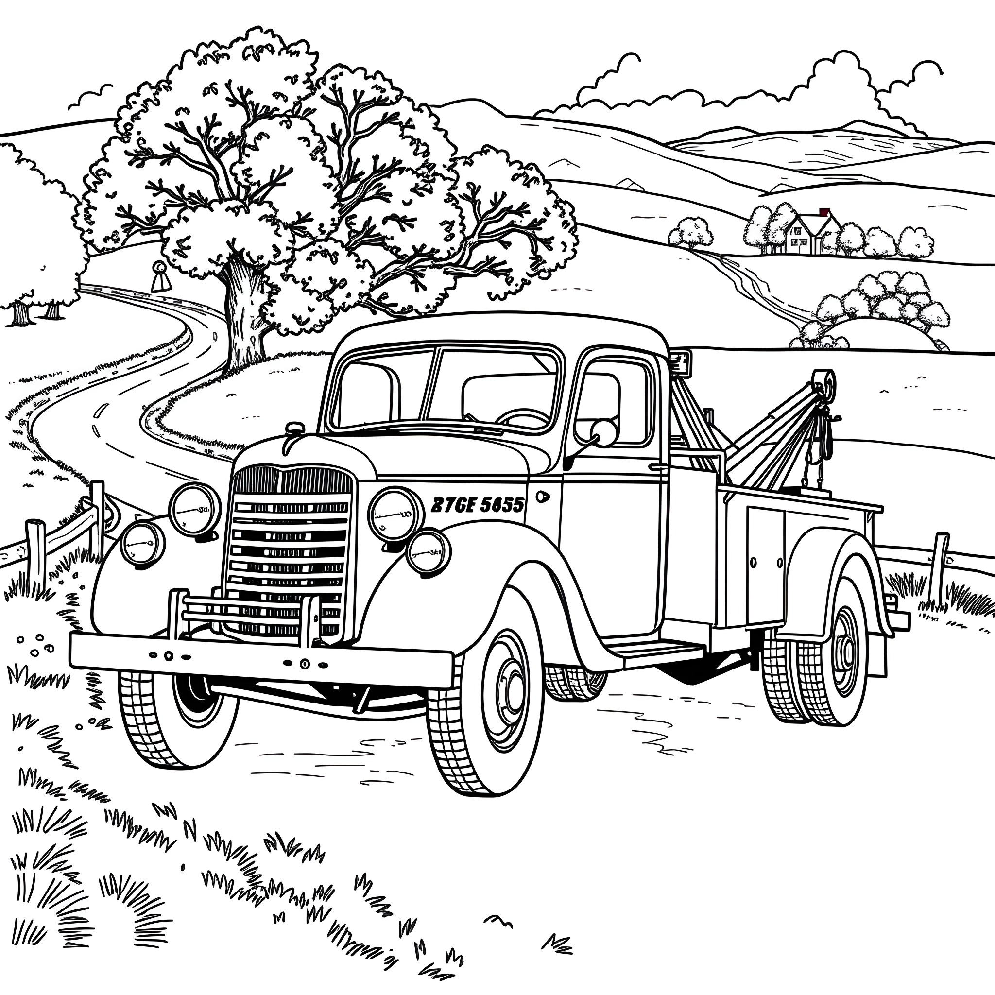 Tow Truck Roadside Assistance in Countryside Landscape Coloring Page (free black-and-white line drawing printable PDF for all, from beginners to advanced learners, including children, teens, adults, and seniors)