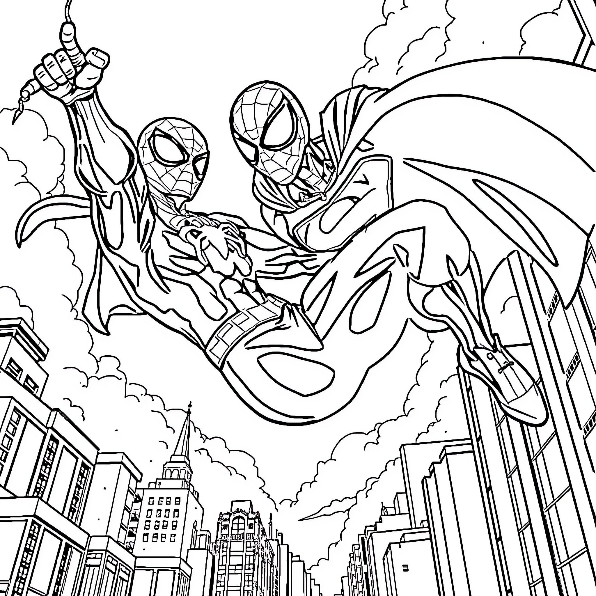 Spiderman heroes saving the city from danger Coloring Page (free black-and-white line drawing printable PDF for all, from beginners to advanced learners, including children, teens, adults, and seniors)