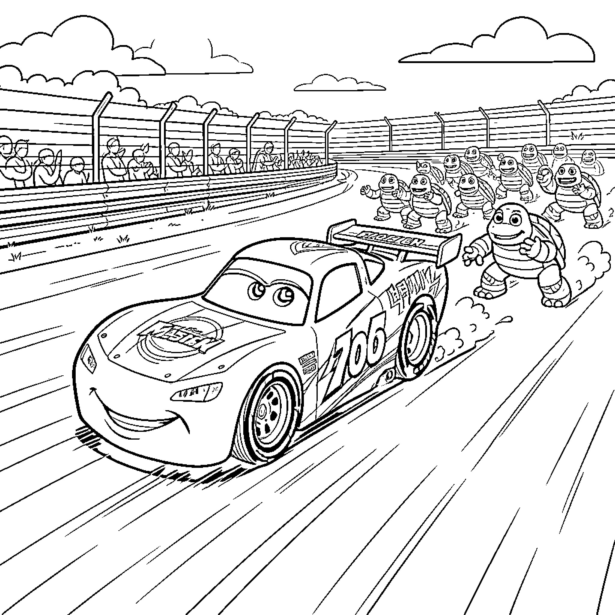Flash McQueen racing fast past cheering turtles Coloring Page (free black-and-white line drawing printable PDF for all, from beginners to advanced learners, including children, teens, adults, and seniors)