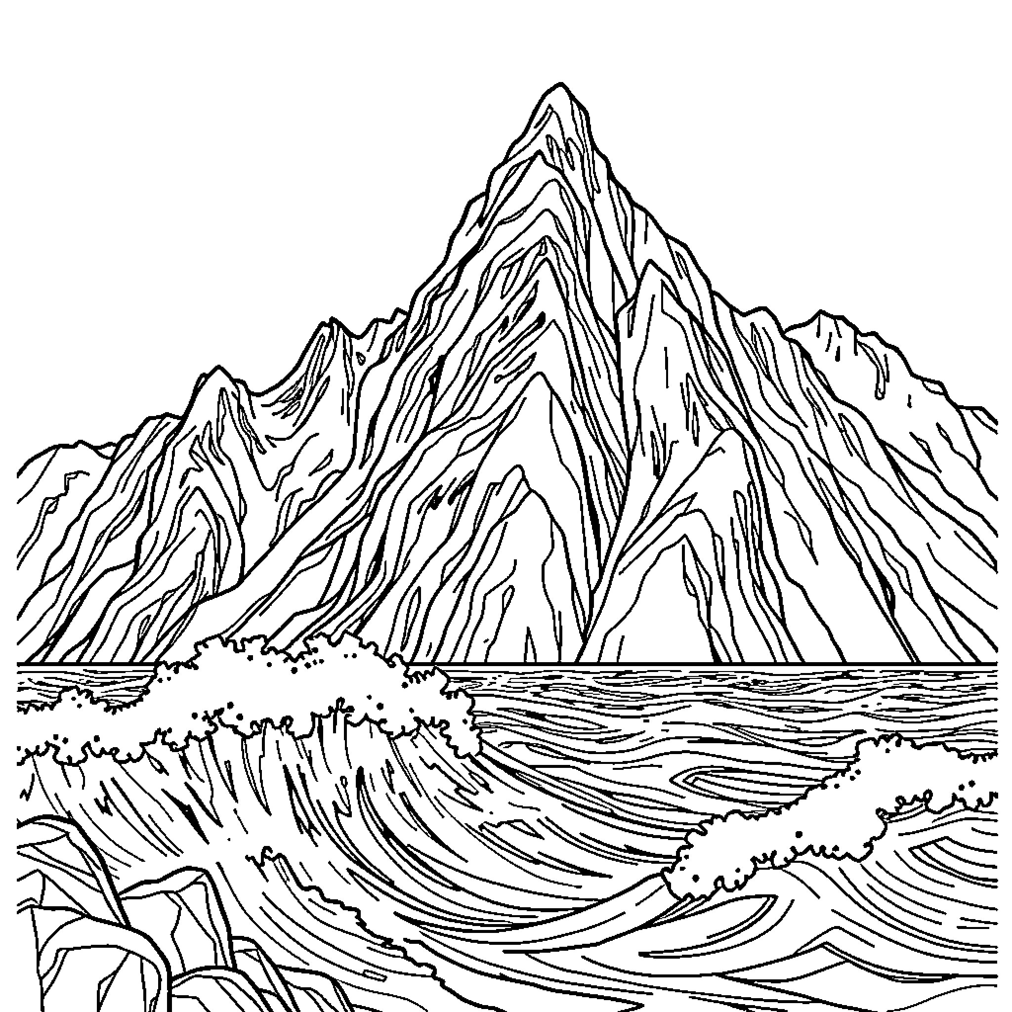 Mountain landscape with crashing waves Coloring Page (free black-and-white line drawing printable PDF for all, from beginners to advanced learners, including children, teens, adults, and seniors)