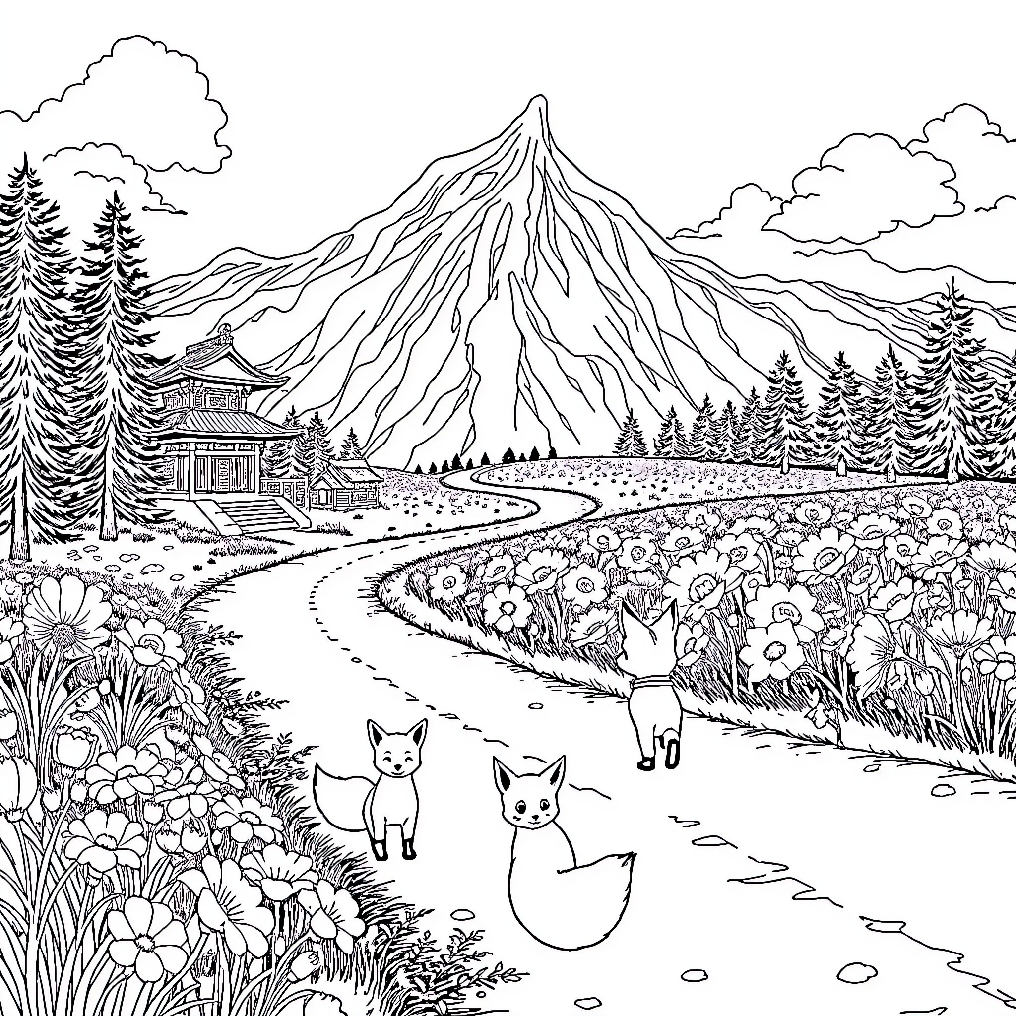 Fox friends explore mountain landscape Coloring Page (free black-and-white line drawing printable PDF for all, from beginners to advanced learners, including children, teens, adults, and seniors)