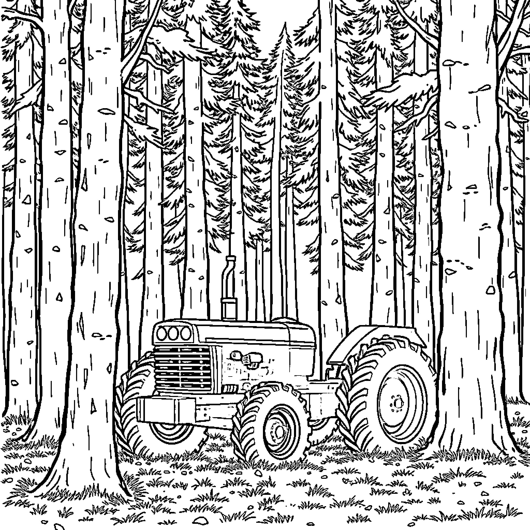 Tractor navigating through dense forest Coloring Page (free black-and-white line drawing printable PDF for all, from beginners to advanced learners, including children, teens, adults, and seniors)
