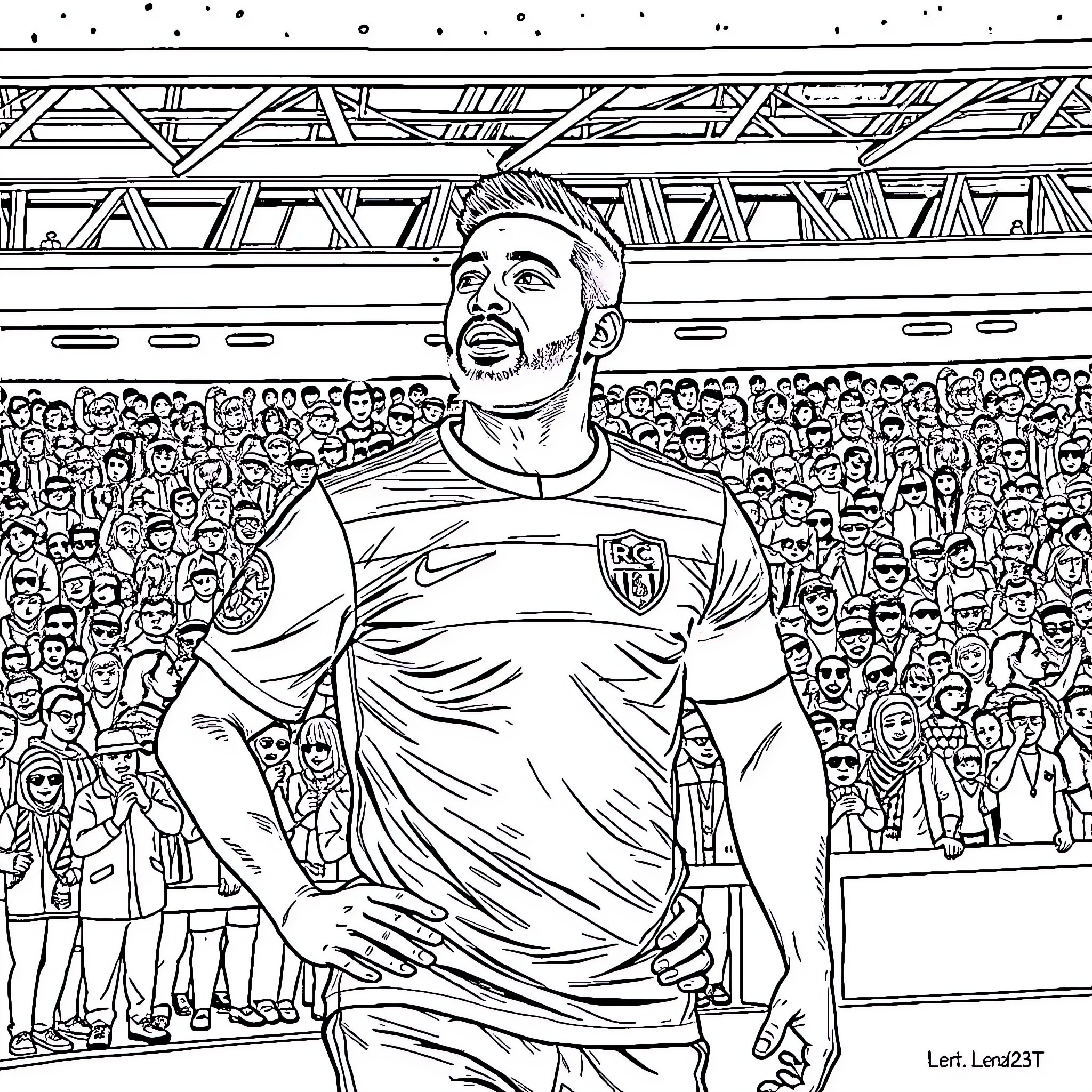 Lamine Yamal in football stadium with crowd Coloring Page (free black-and-white line drawing printable PDF for all, from beginners to advanced learners, including children, teens, adults, and seniors)