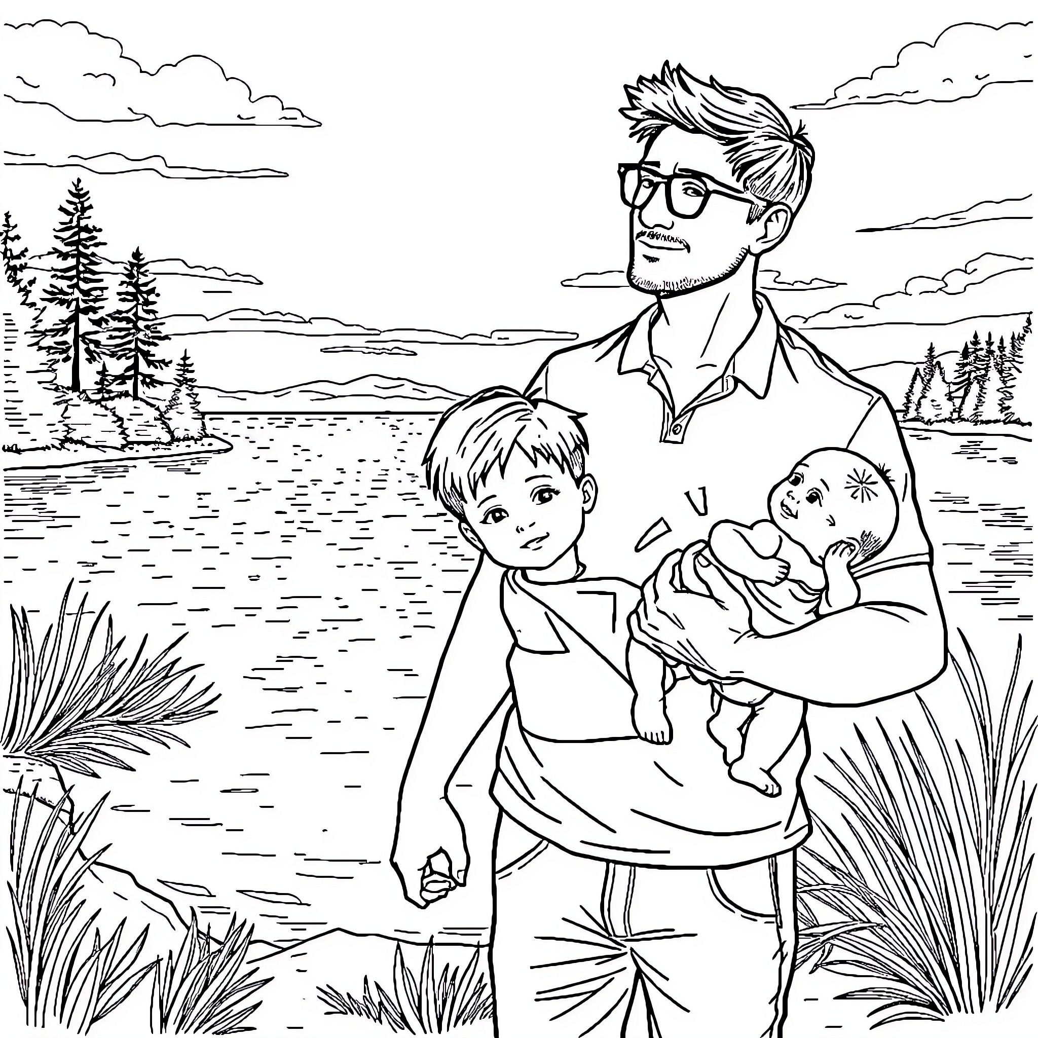 Dad bonds with young son in scenic outdoor setting Coloring Page (free black-and-white line drawing printable PDF for all, from beginners to advanced learners, including children, teens, adults, and seniors)