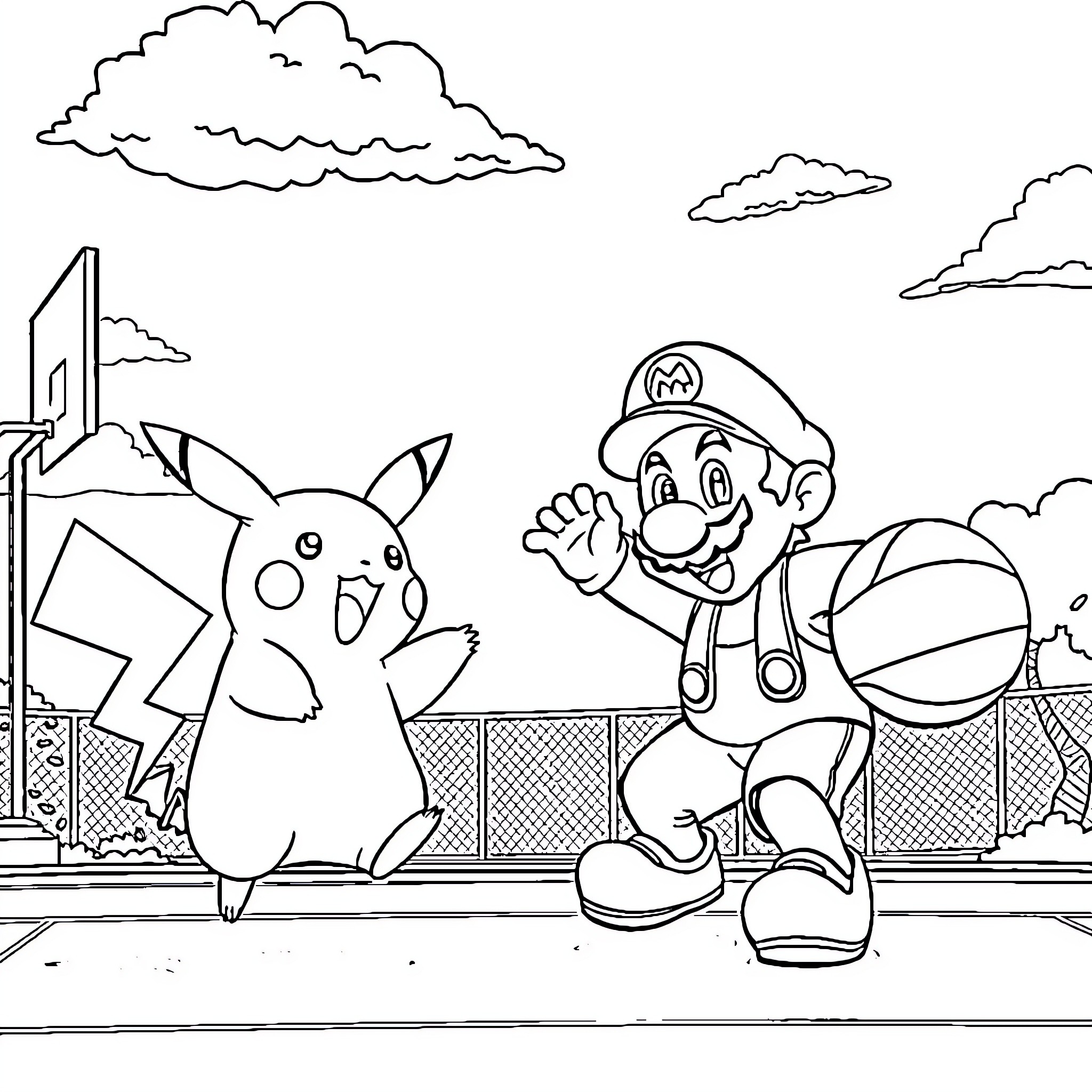 Pikachu and Mario playing in the park Coloring Page (free black-and-white line drawing printable PDF for all, from beginners to advanced learners, including children, teens, adults, and seniors)