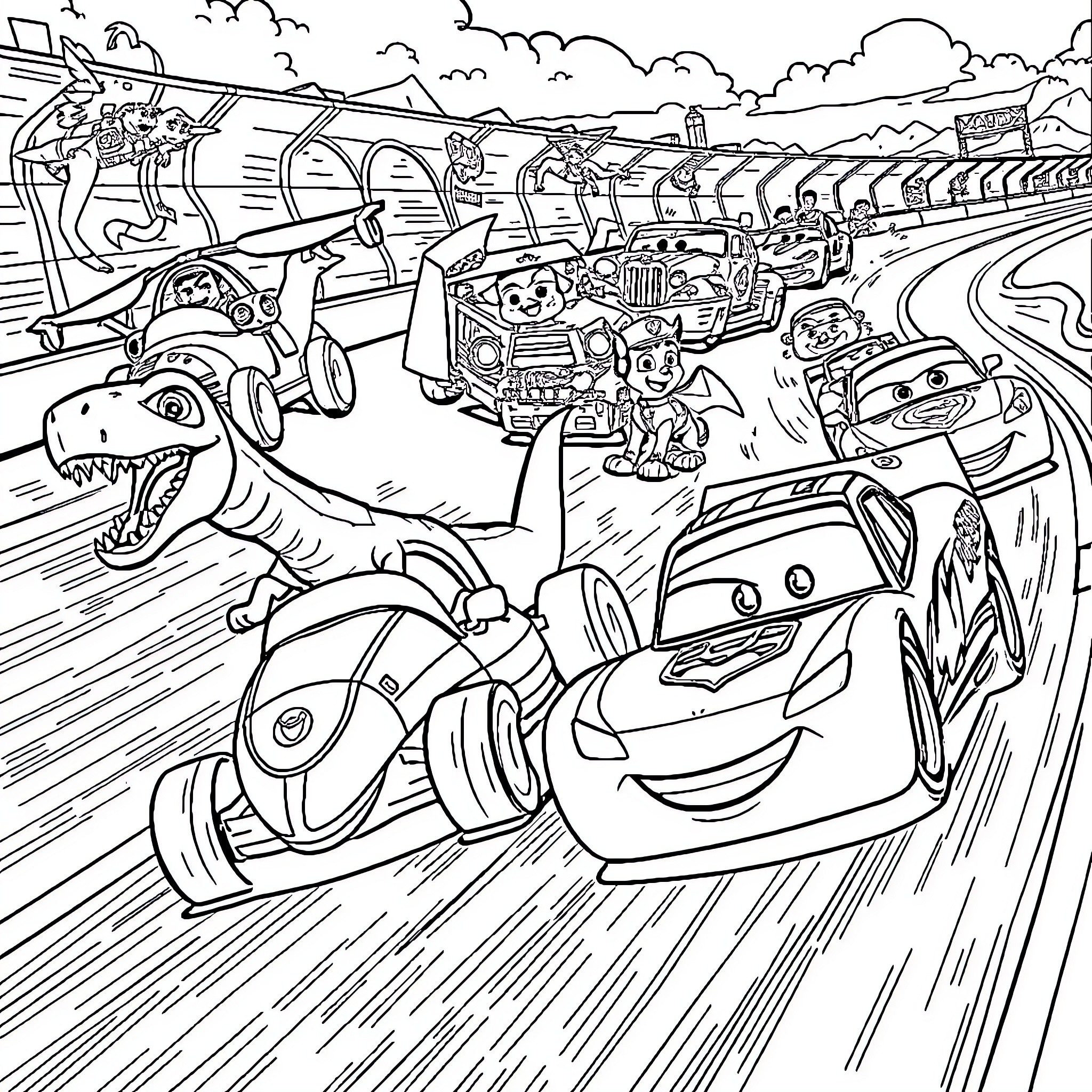 Car Race with Dinosaurs and Cartoon Characters Coloring Page (free black-and-white line drawing printable PDF for all, from beginners to advanced learners, including children, teens, adults, and seniors)