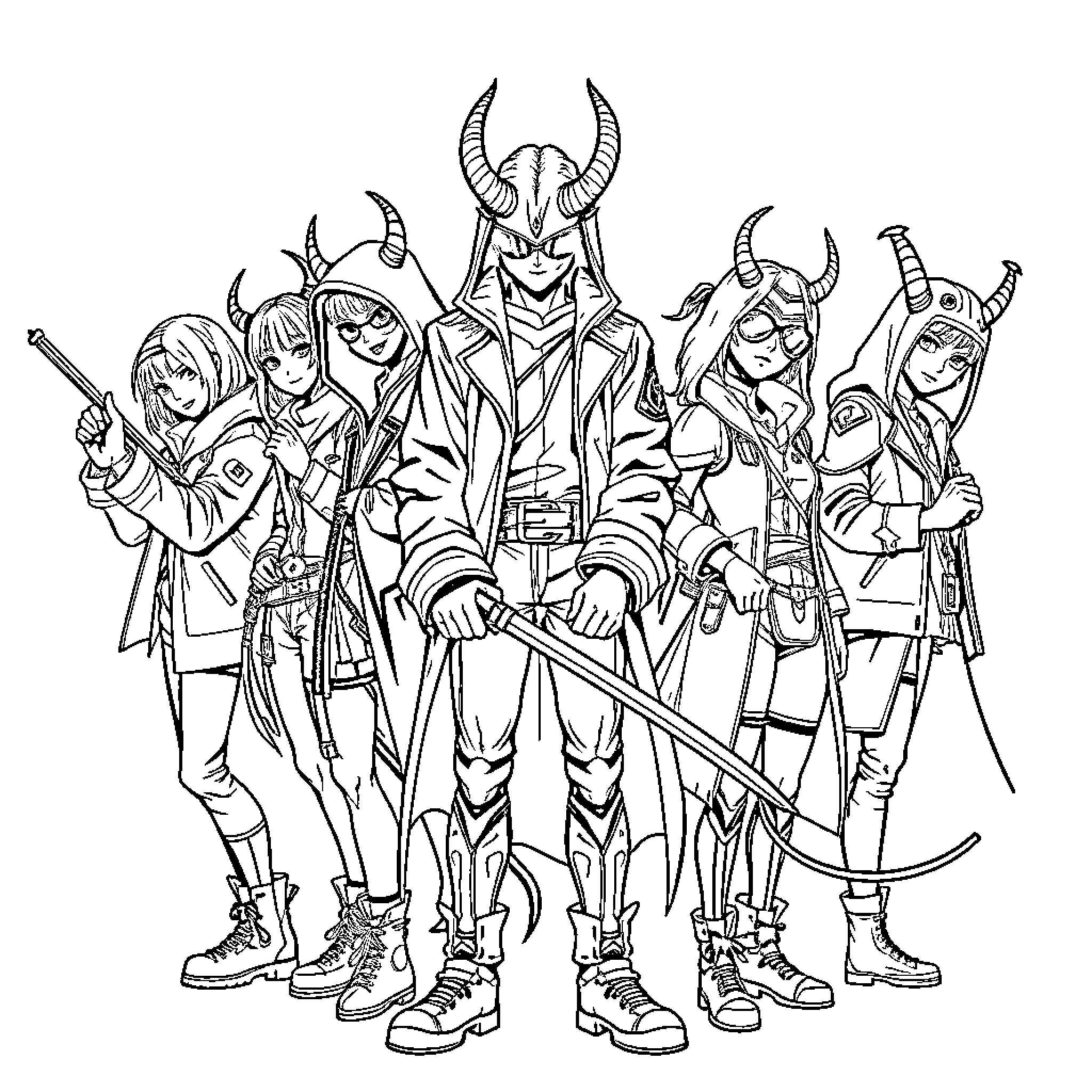 Demon Hunter Squad Prepared for Battle Coloring Page (free black-and-white line drawing printable PDF for all, from beginners to advanced learners, including children, teens, adults, and seniors)